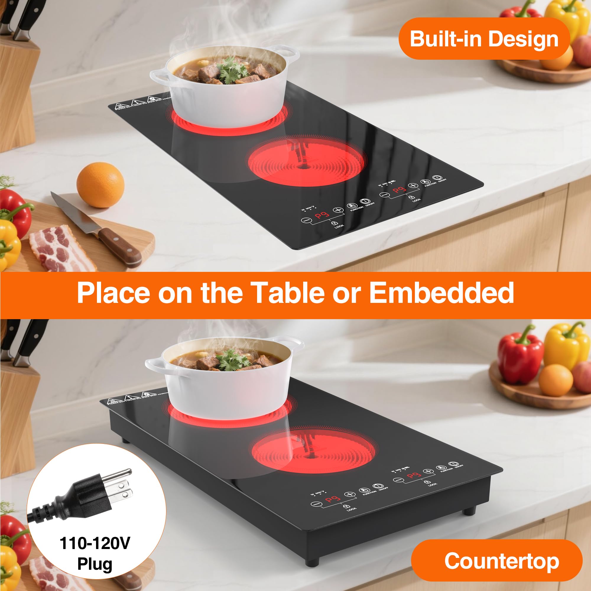 VBGK Electric Cooktop 2 Burners 110V, 12 Inch Electric Stove Top Hot Plate, Countertop Built-in Ceramic Cooktop