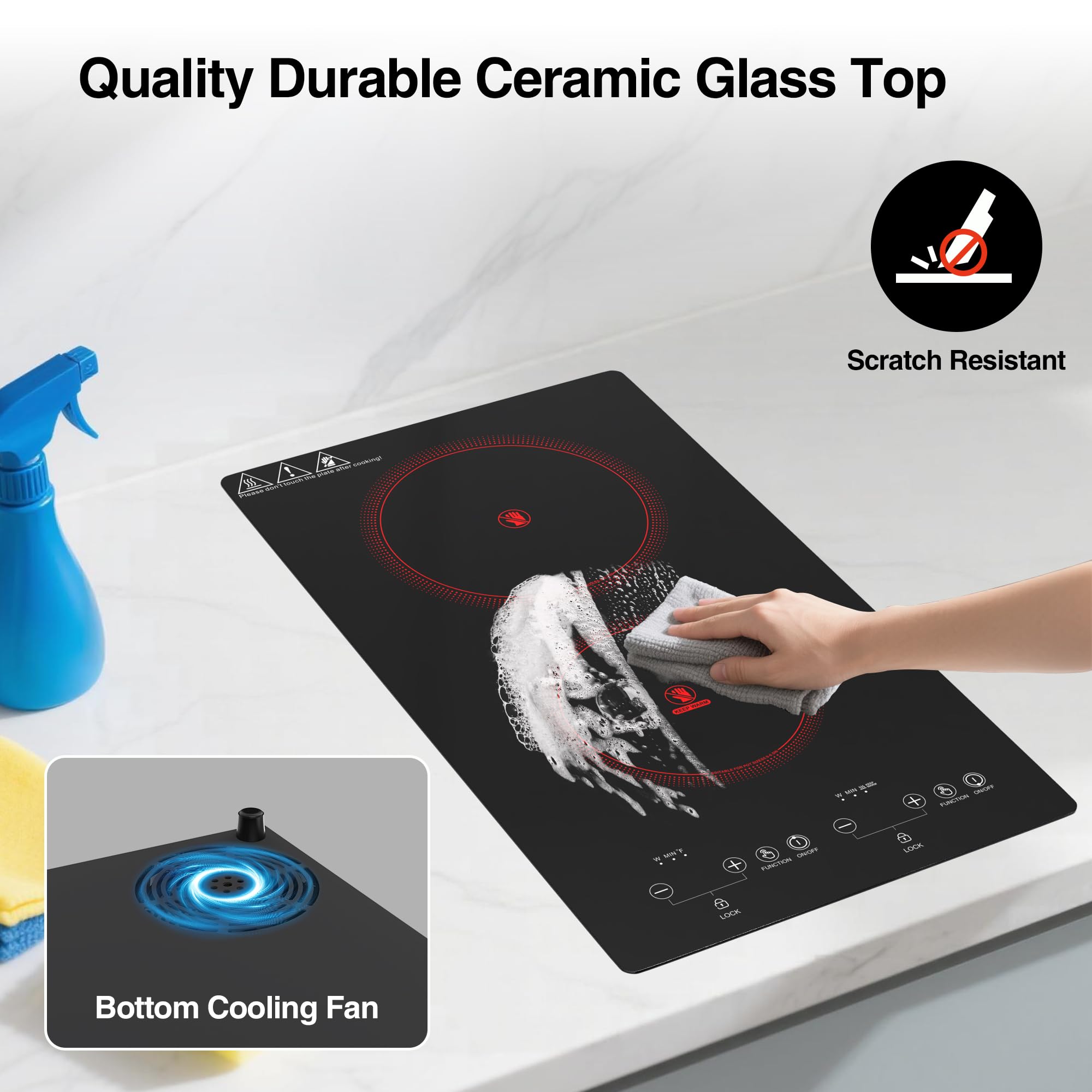 VBGK Electric Cooktop 2 Burners 110V, 12 Inch Electric Stove Top Hot Plate, Countertop Built-in Ceramic Cooktop