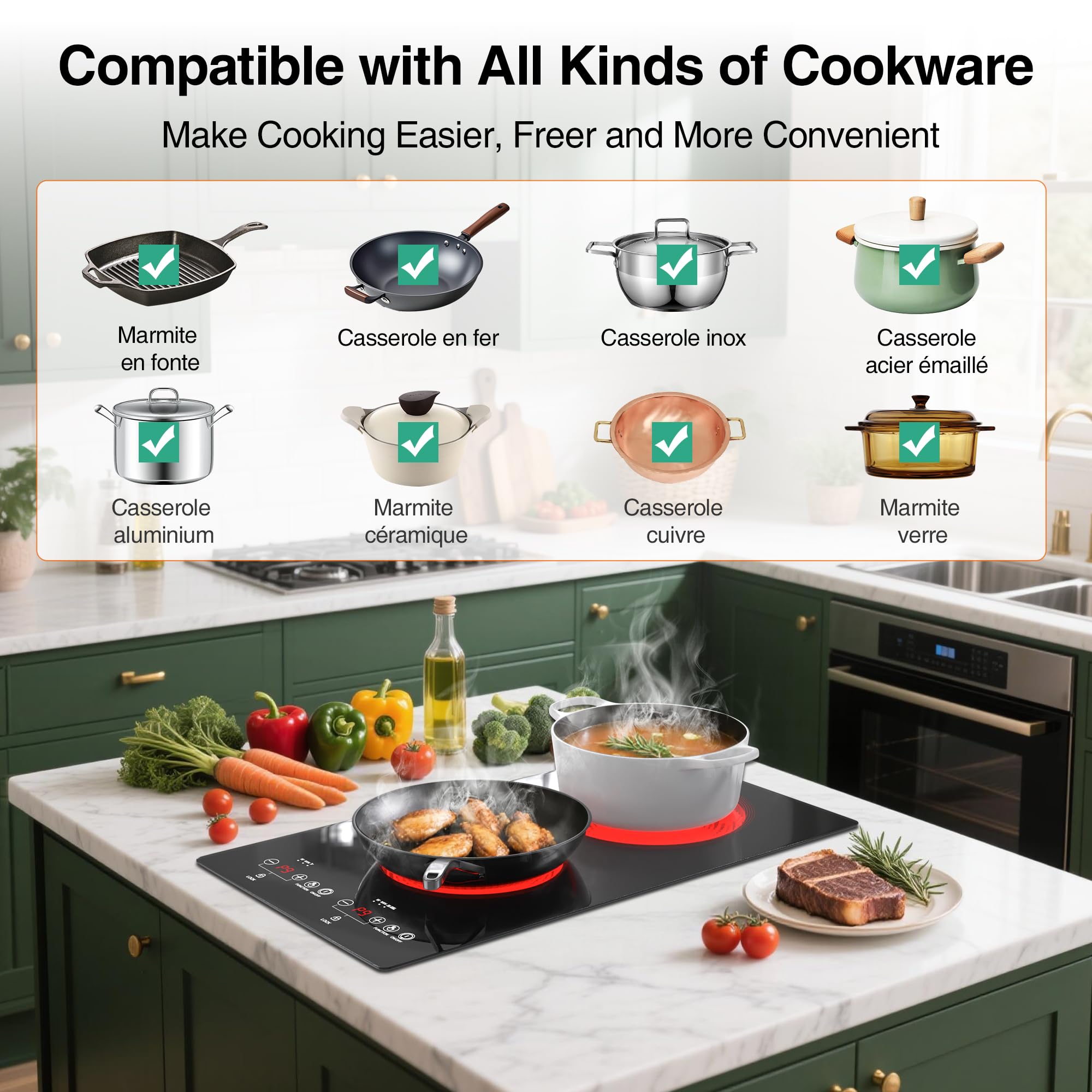 VBGK Electric Cooktop 2 Burners 110V, 12 Inch Electric Stove Top Hot Plate, Countertop Built-in Ceramic Cooktop