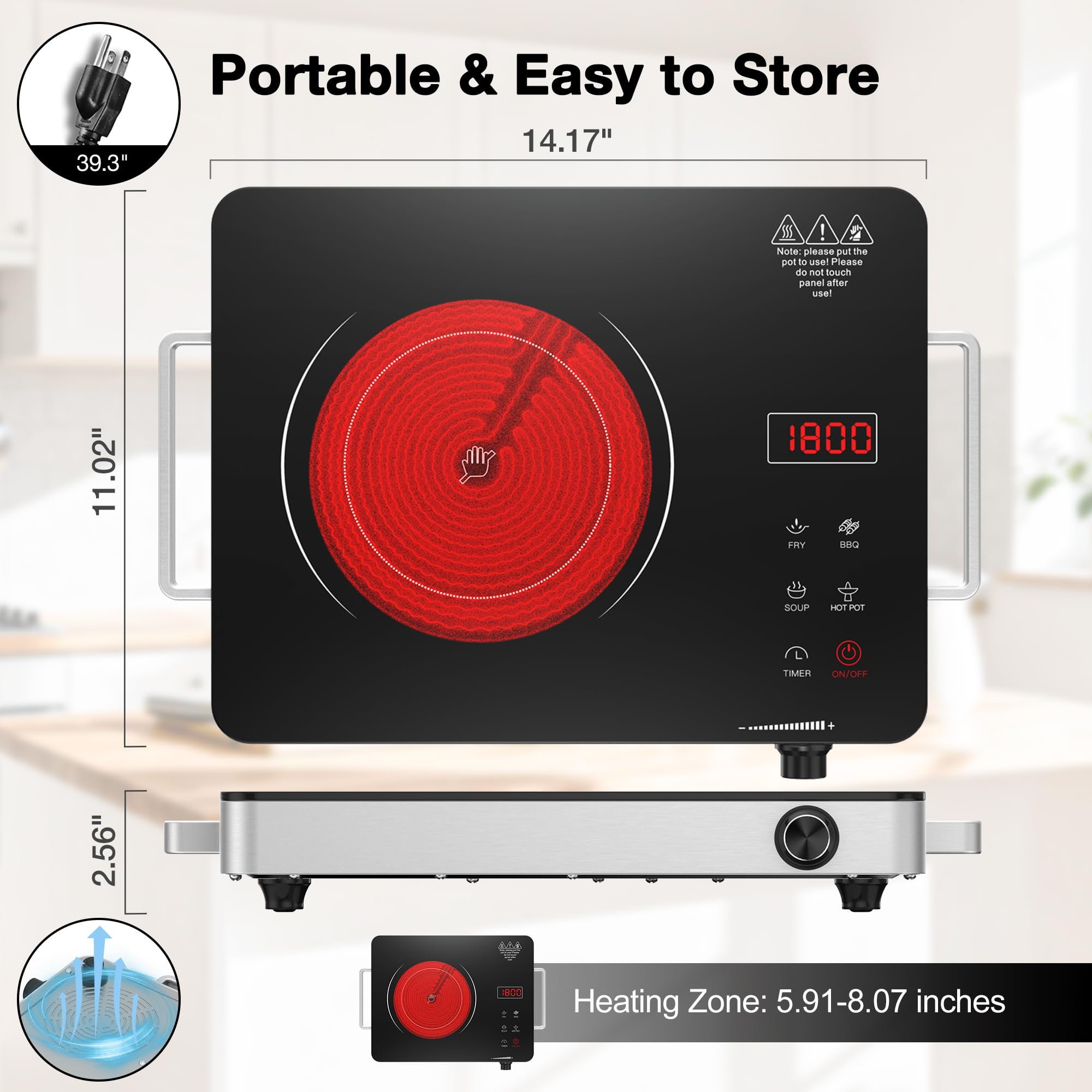 VBGK Portable Electric Cooktop, 1800W Infrared Hot Plate Countertop Burner with Handle, 110V Single Burner Electric Stove