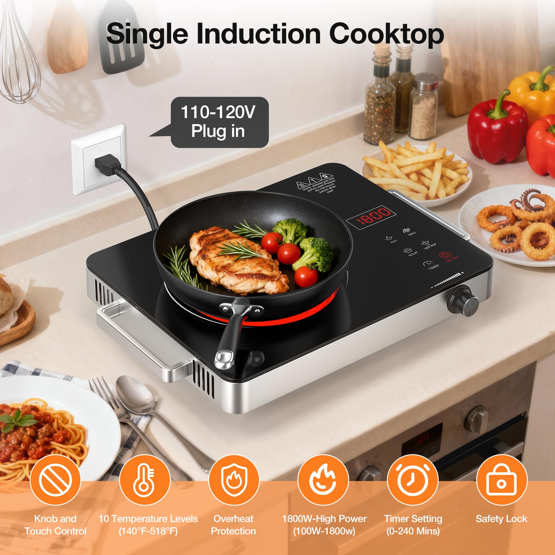 VBGK Portable Electric Cooktop, 1800W Infrared Hot Plate Countertop Burner with Handle, 110V Single Burner Electric Stove