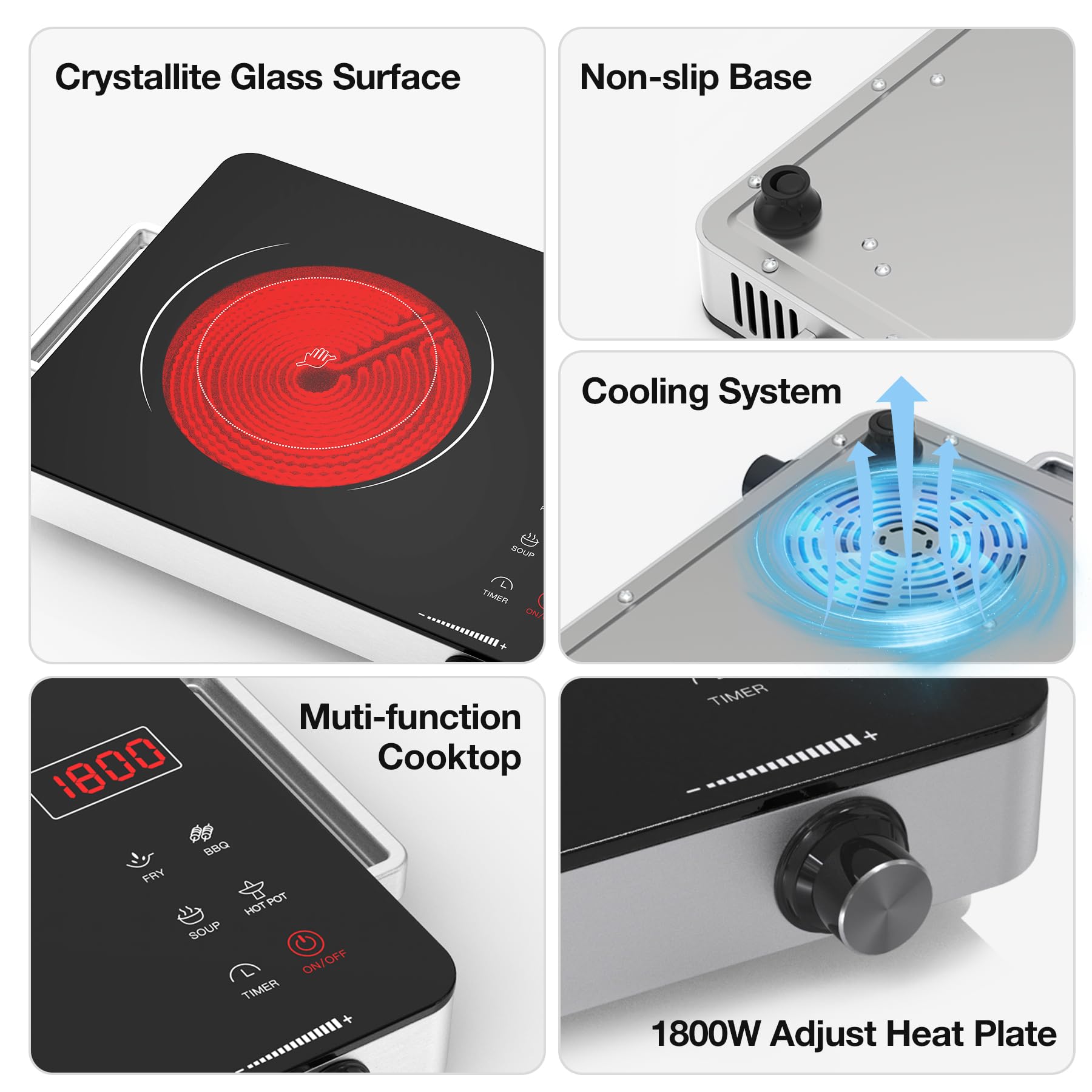 VBGK Portable Electric Cooktop, 1800W Infrared Hot Plate Countertop Burner with Handle, 110V Single Burner Electric Stove