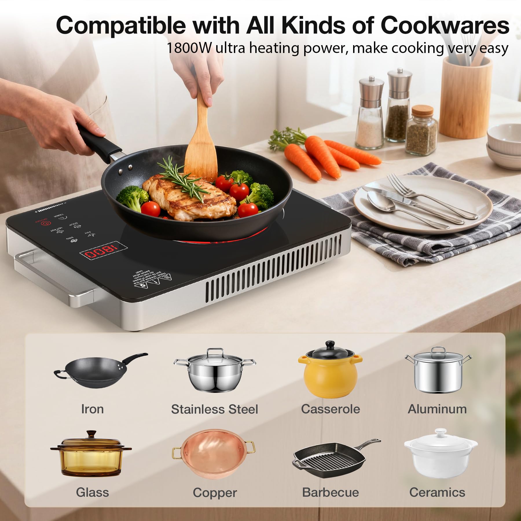 VBGK Portable Electric Cooktop, 1800W Infrared Hot Plate Countertop Burner with Handle, 110V Single Burner Electric Stove