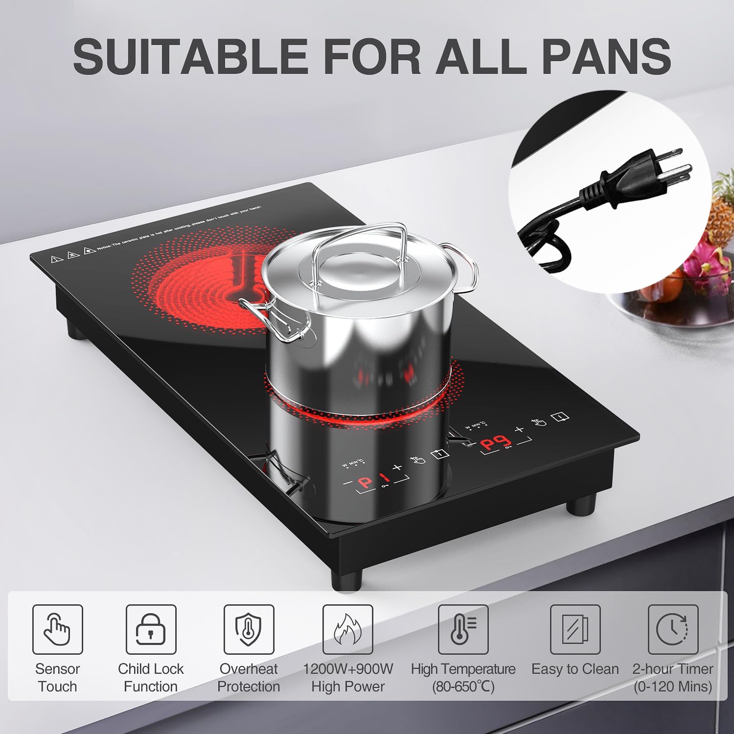 VBGK 12 Inch Portable Electric Ceramic Cooktop Two Burner Infrared Stove Top