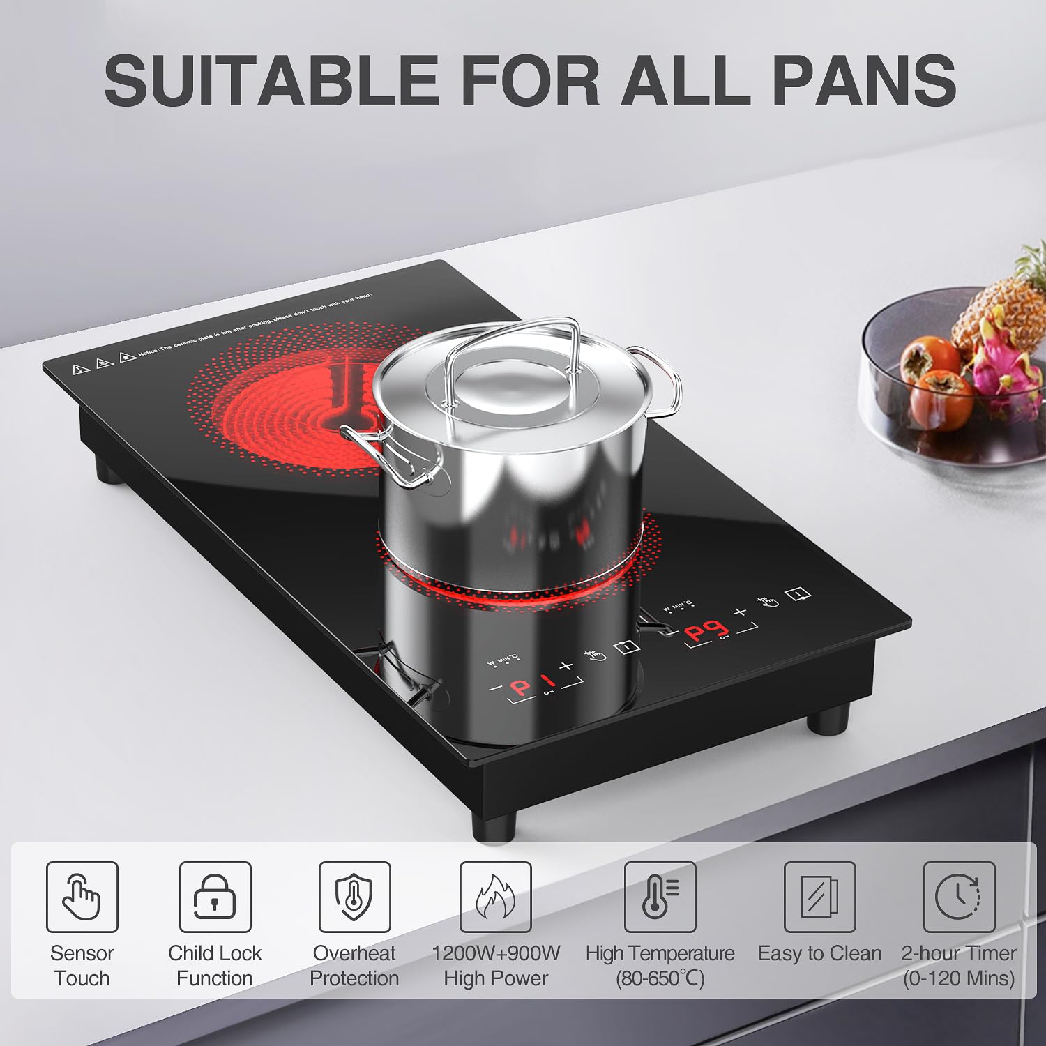 VBGK 12 Inch Portable Electric Ceramic Cooktop Two Burner Infrared Stove Top