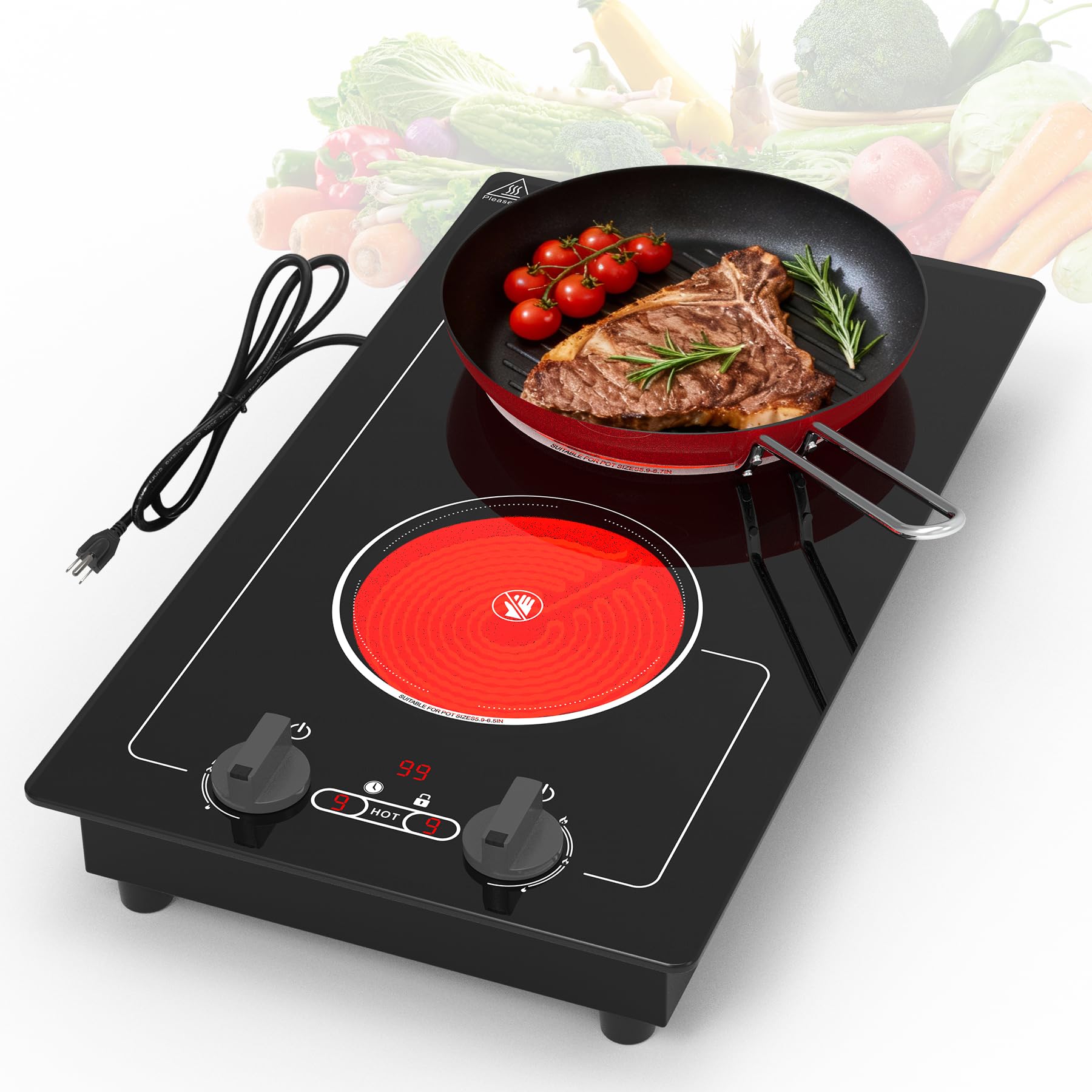 VBGK 2 Burner Electric Ceramic Cooktop, 3000W 110V Dual Burner Stove Top for Kitchen