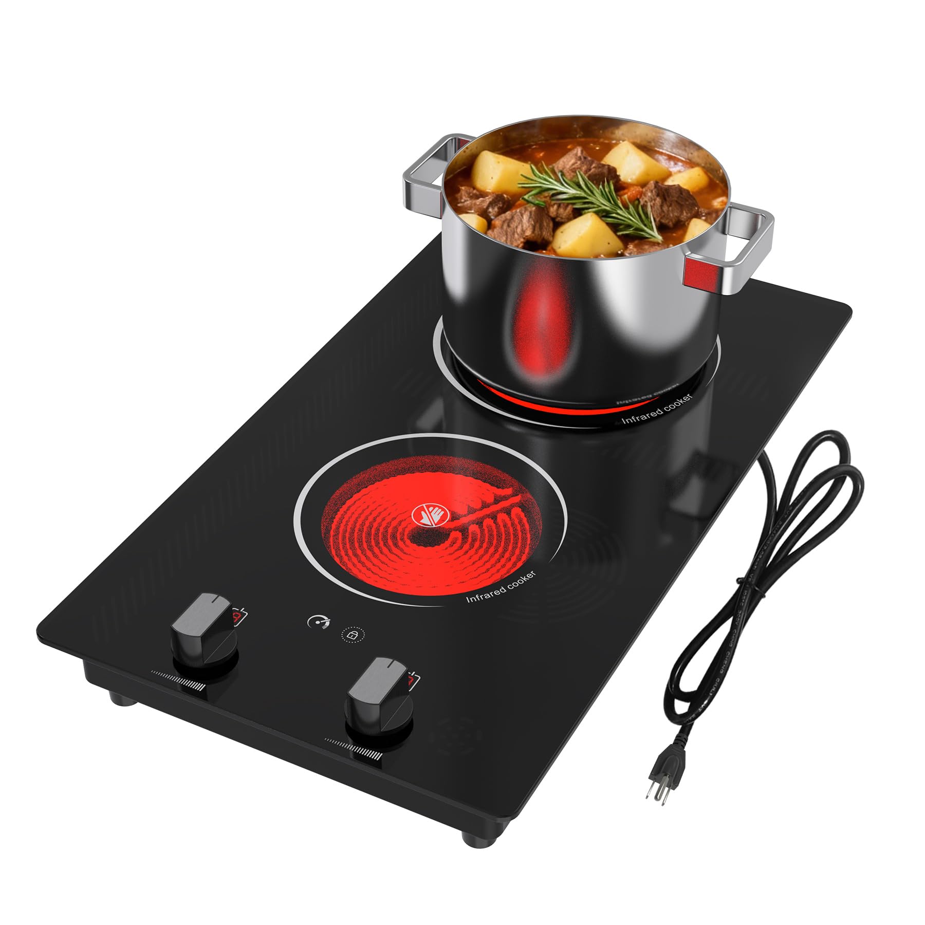 VBGK 2 Burner Electric Cooktop, 12" Infrared Electric Stove Top, 2100W Ceramic Electric Hot Plate