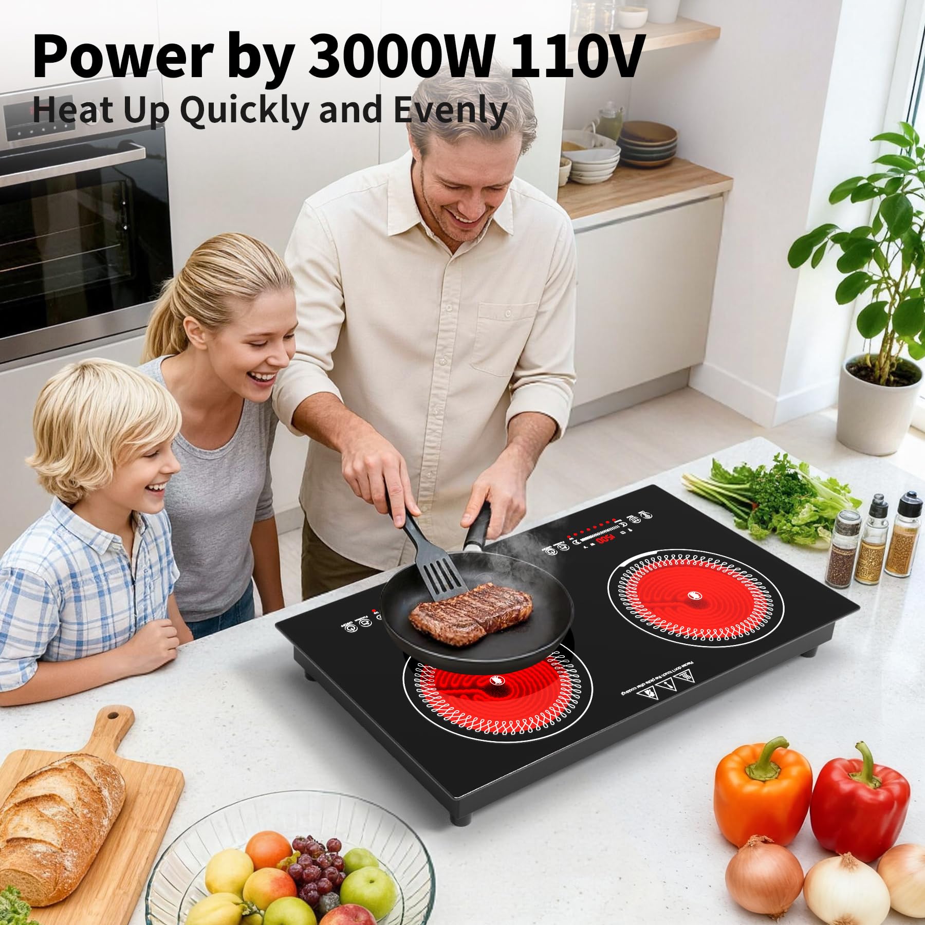 VBGK 24 Inch Electric Cooktop,110V 3000W Electric Stove Top  ,2 Burner Cooktop with LED Touch Control