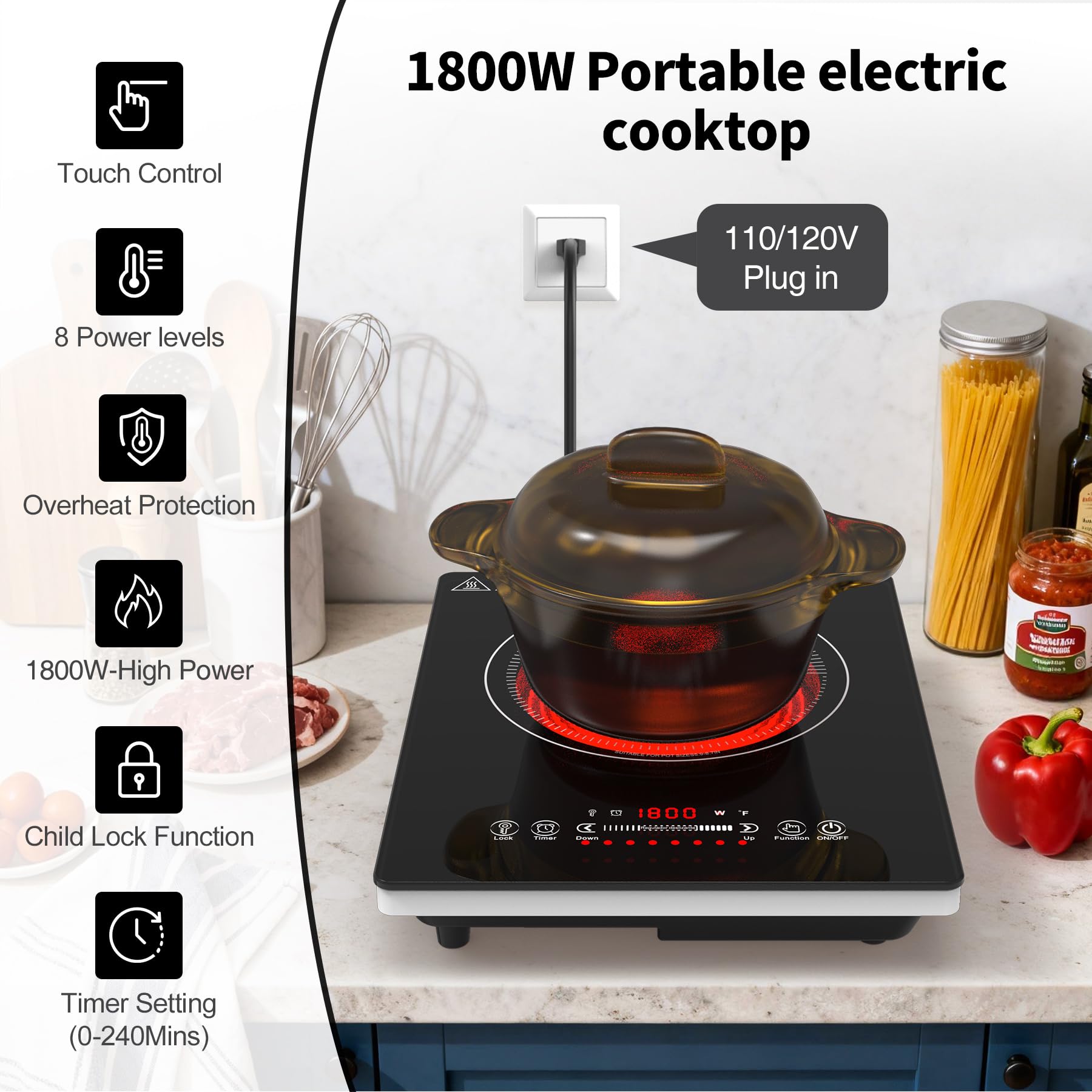 VBGK Single Burner Electric Cooktop,110V 1800W Electric Stove, portable cooktop