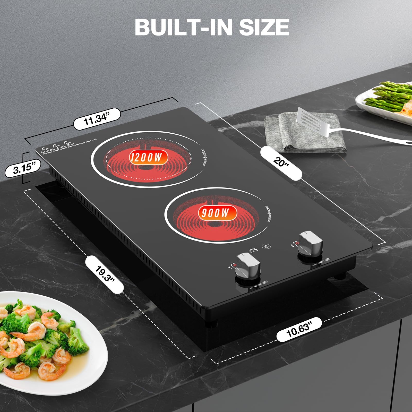 VBGK 2 Burner Electric Cooktop, 12" Infrared Electric Stove Top, 2100W Ceramic Electric Hot Plate