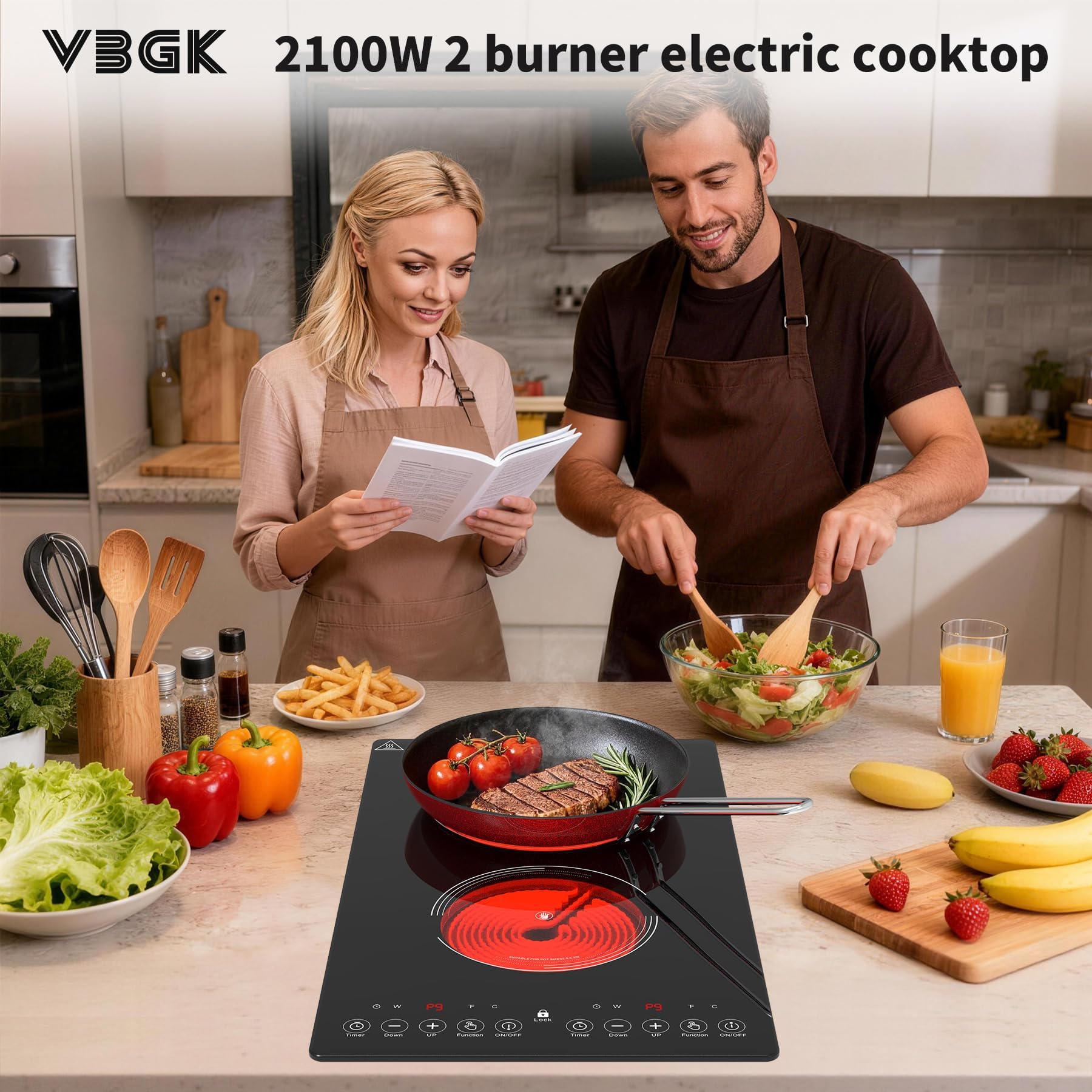 VBGK Electric Cooktop,110V 2100W Electric Stove Top,12 Inch 2 burner cooktop