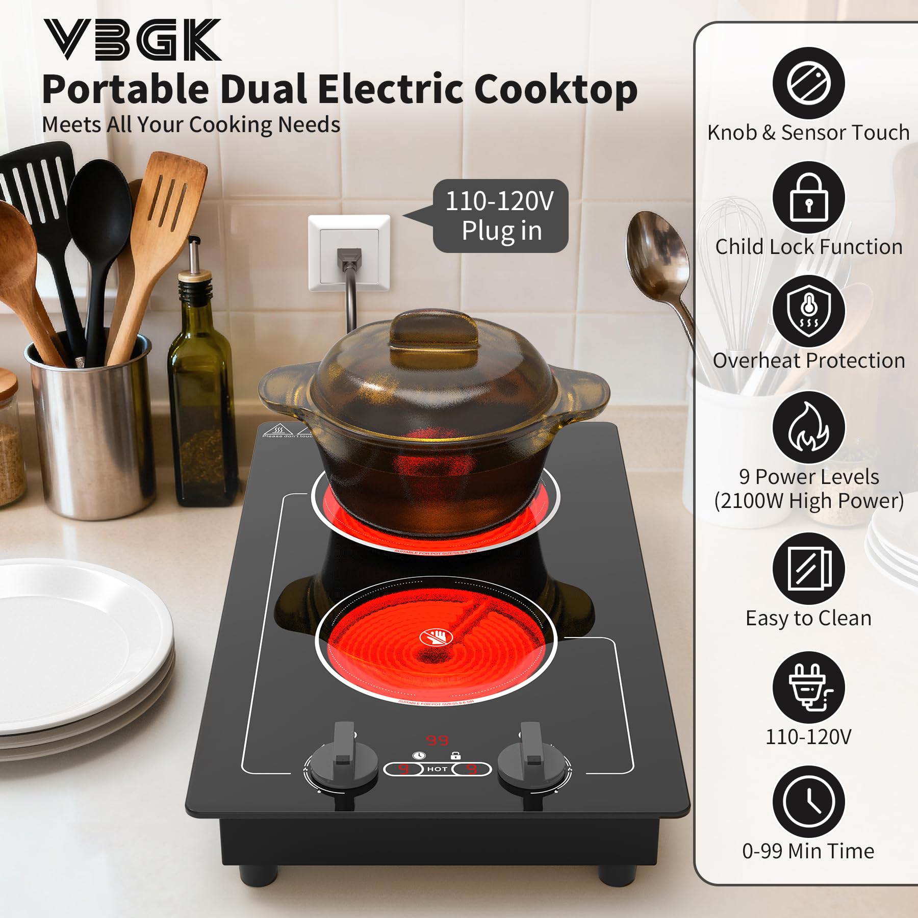 VBGK 2 Burner Electric Ceramic Cooktop, 3000W 110V Dual Burner Stove Top for Kitchen