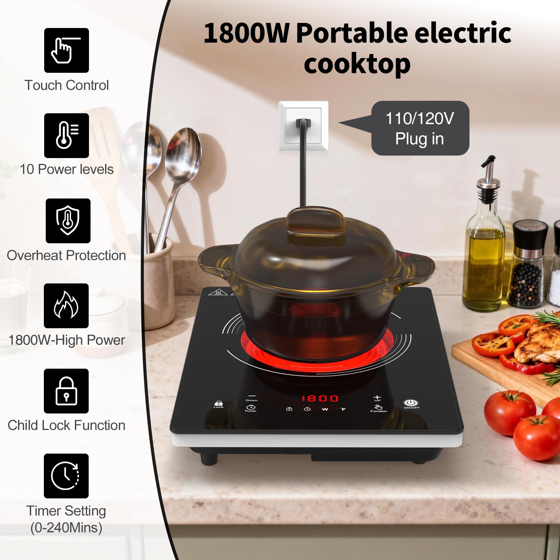 VBGK Single Burner Electric Cooktop,110V 1800W Electric Stove Top