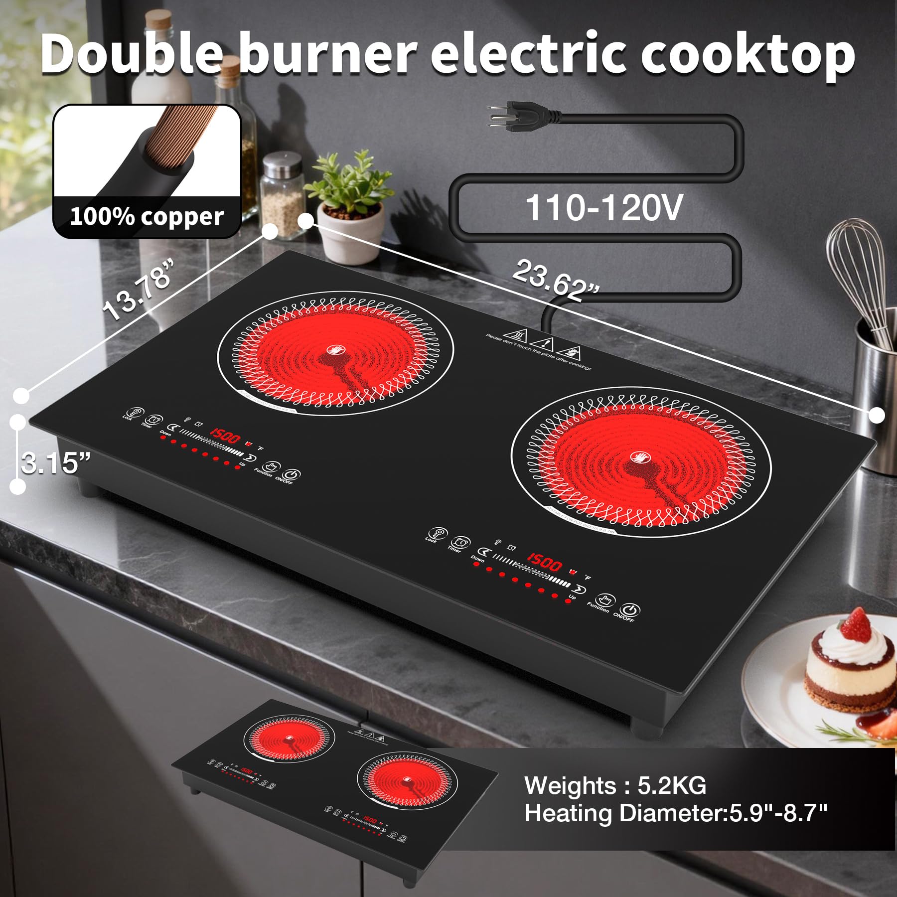 VBGK 24 Inch Electric Cooktop,110V 3000W Electric Stove Top  ,2 Burner Cooktop with LED Touch Control