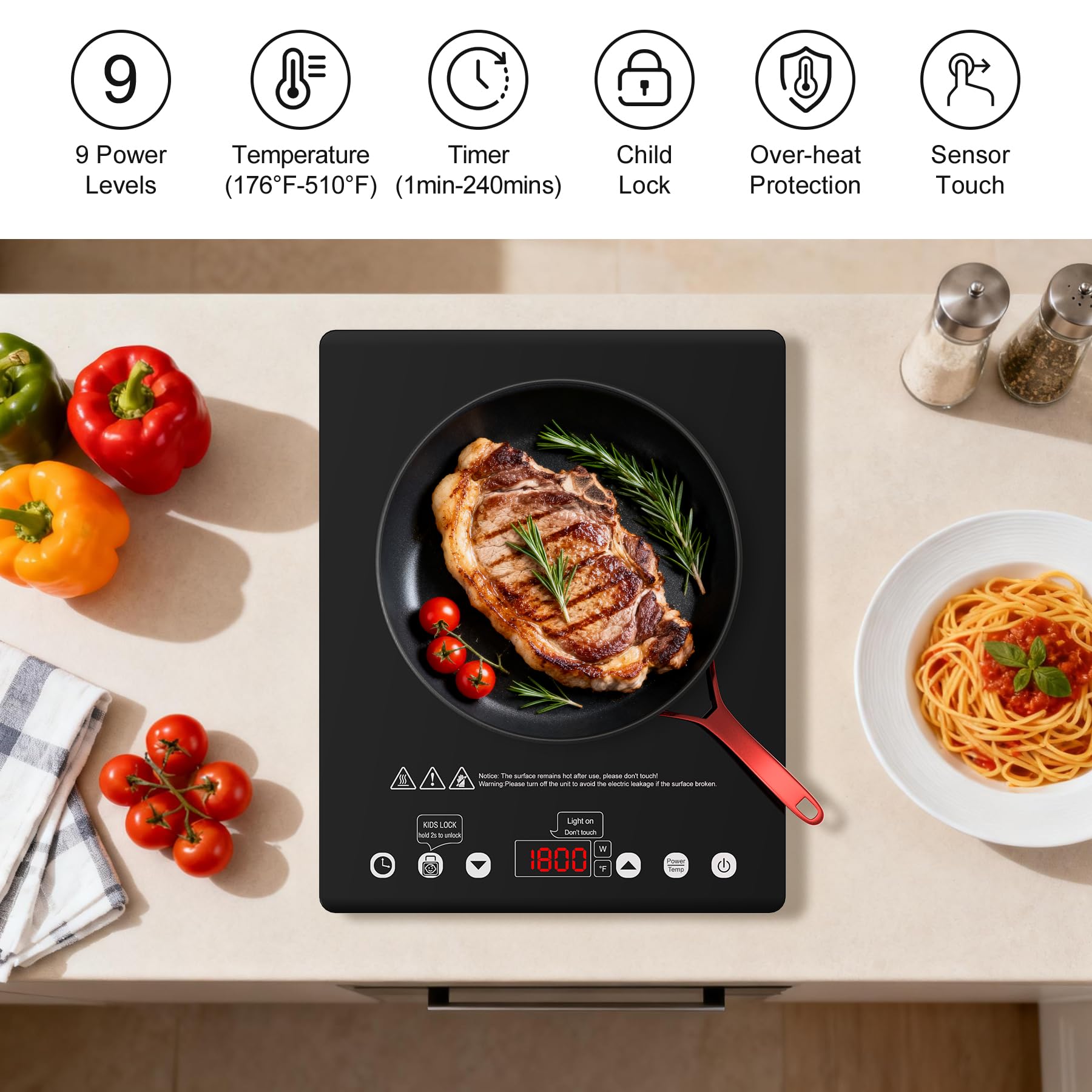 VBGK 1800W Portable Infrared Electric Cooktop, Single Burner Ceramic Hot Plate 110V Countertop Stove