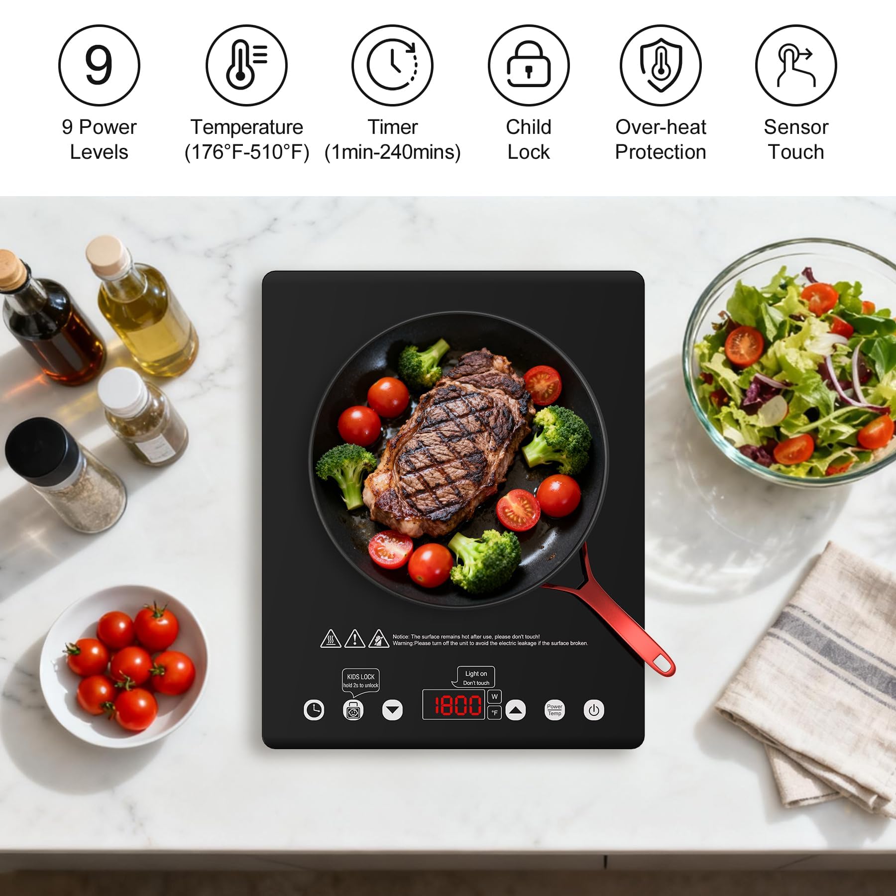 VBGK Single Burner Electric Cooktop, 1800W Portable Countertop Burner Ceramic Glass Hot Plate