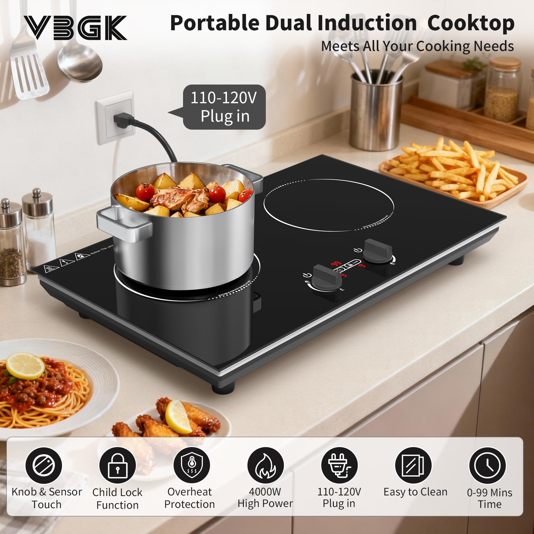 VBGK Induction Cooktop,110V 4000W Countertop Burners Electric Stove,2 Burner Induction Cooktop