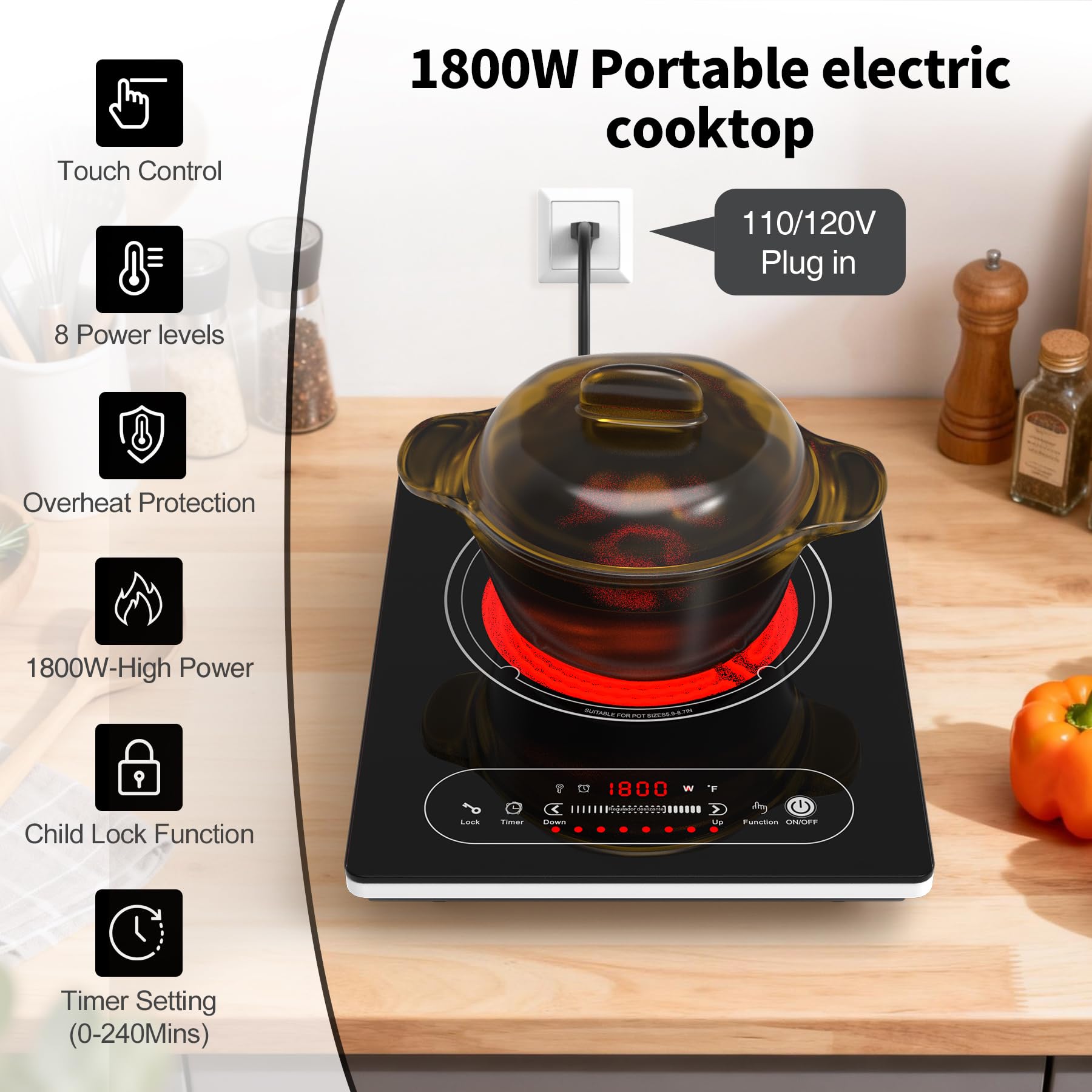 VBGK Single Burner Electric Cooktop,110V 1800W Electric Stove Top ,Portable Single Burner Cooktop