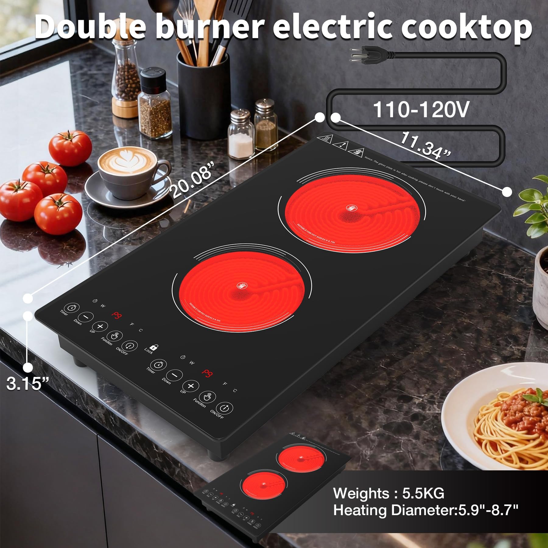VBGK Electric Cooktop,110V 2100W Electric Stove Top,12 Inch 2 burner cooktop