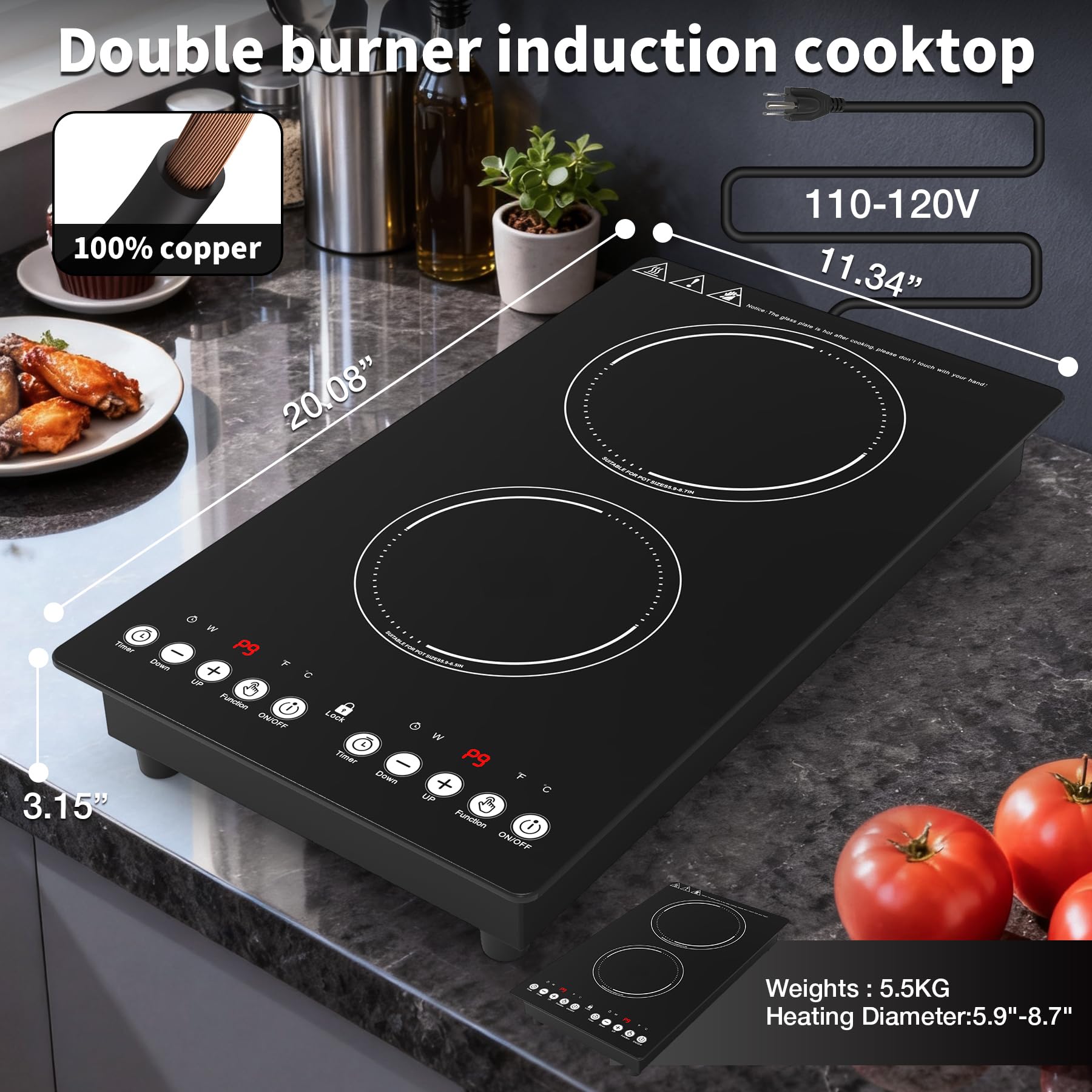 VBGK induction cooktop,110V 2300W countertop hot plate,12 Inch doubledouble burner hot plate