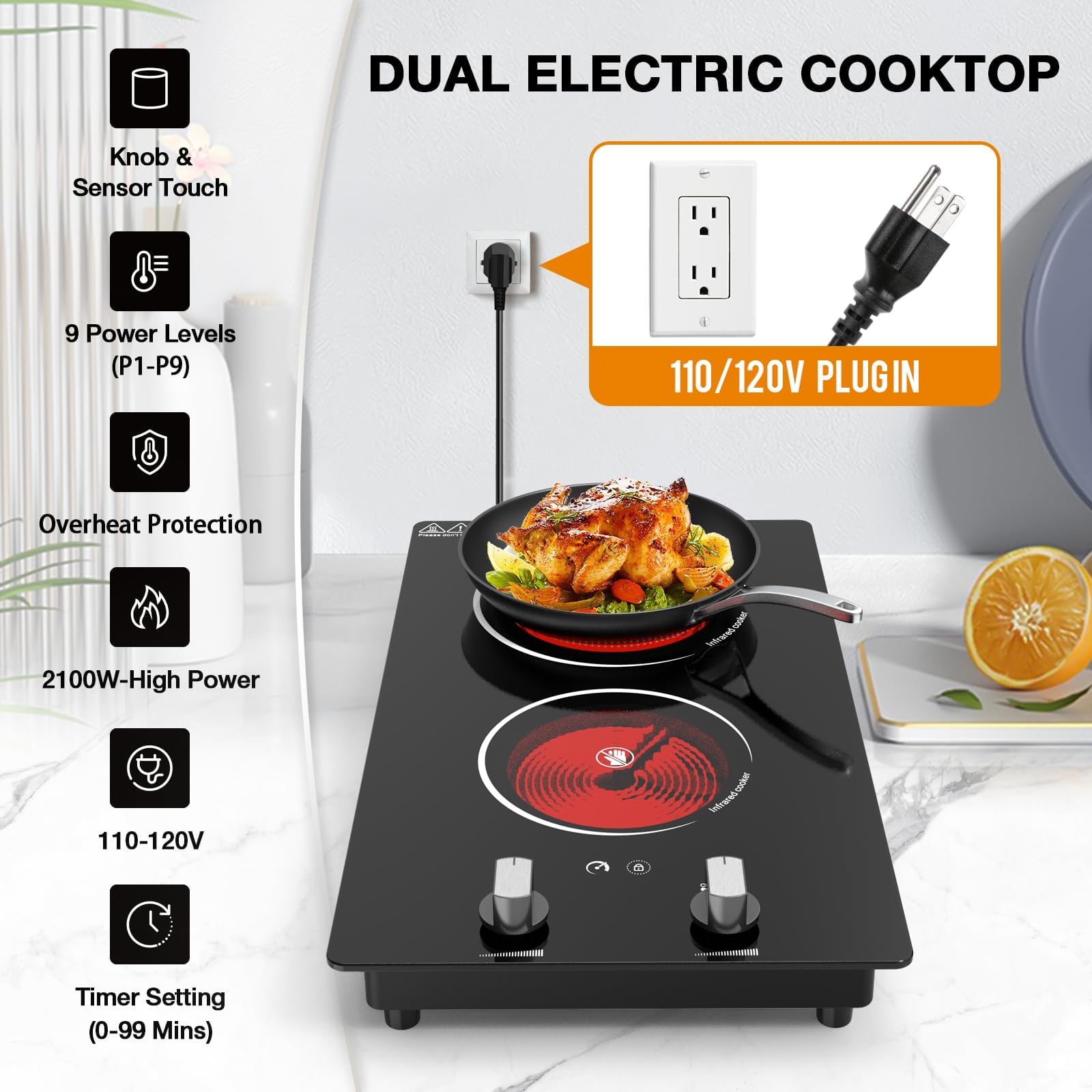 VBGK 2 Burner Electric Cooktop, 12" Infrared Electric Stove Top, 2100W Ceramic Electric Hot Plate