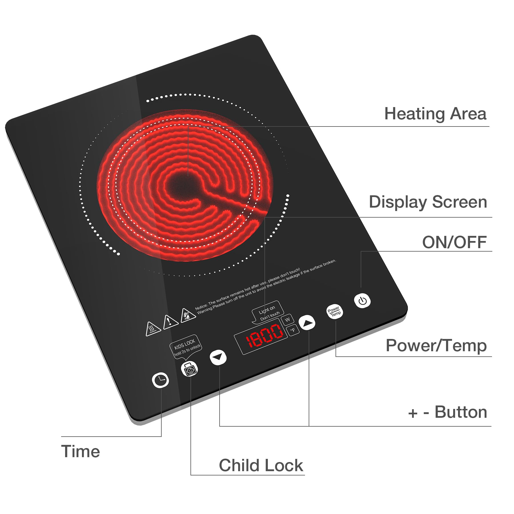 VBGK 1800W Portable Infrared Electric Cooktop, Single Burner Ceramic Hot Plate 110V Countertop Stove