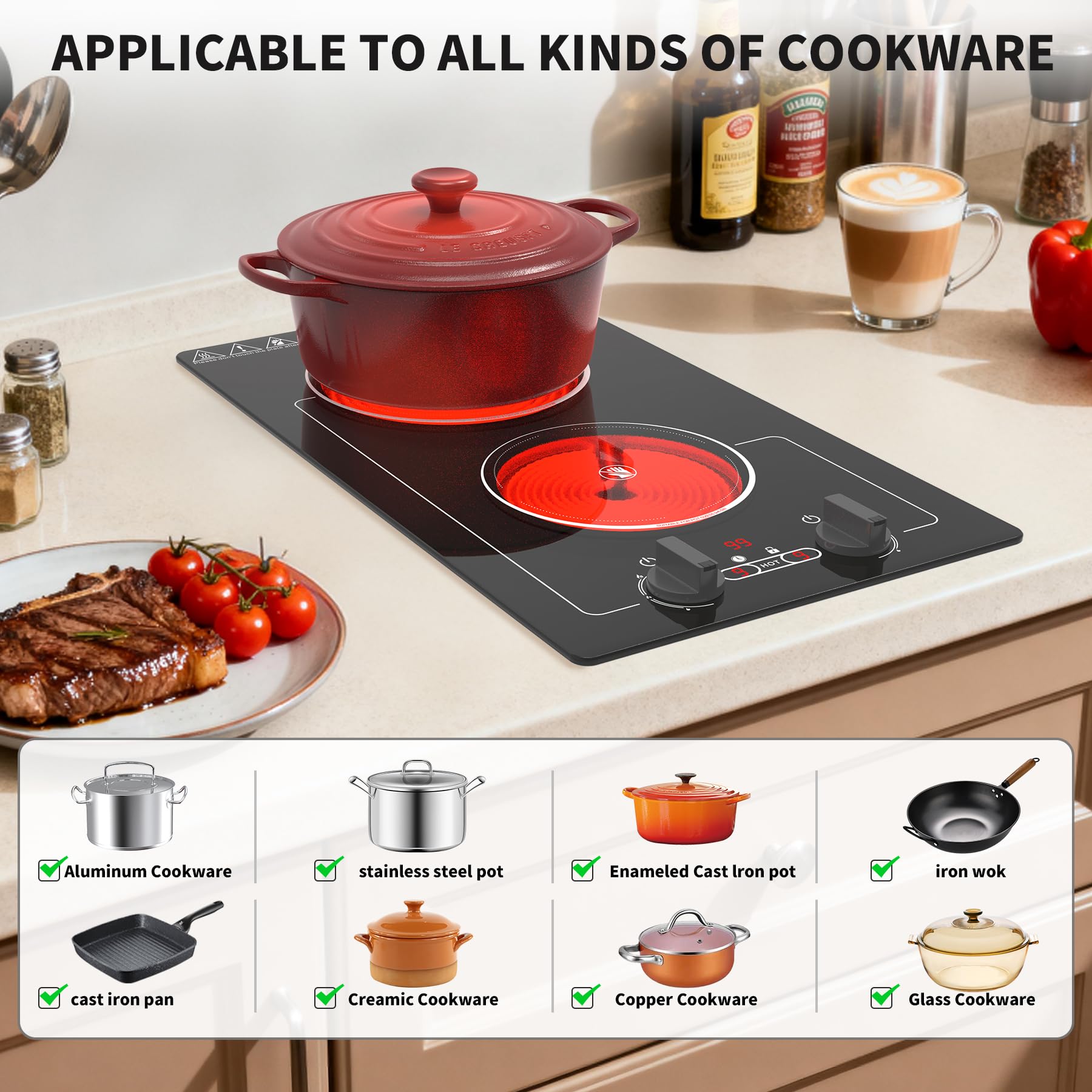 VBGK 2 Burner Electric Ceramic Cooktop, 3000W 110V Dual Burner Stove Top for Kitchen