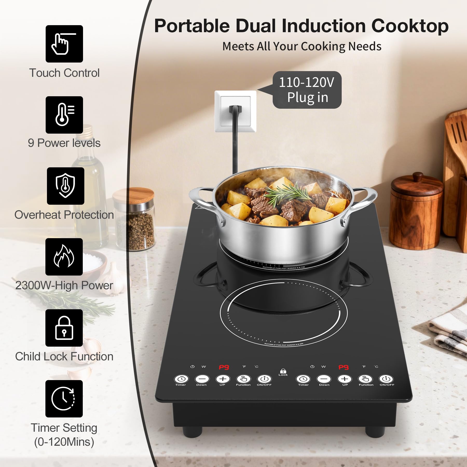 VBGK induction cooktop,110V 2300W countertop hot plate,12 Inch doubledouble burner hot plate