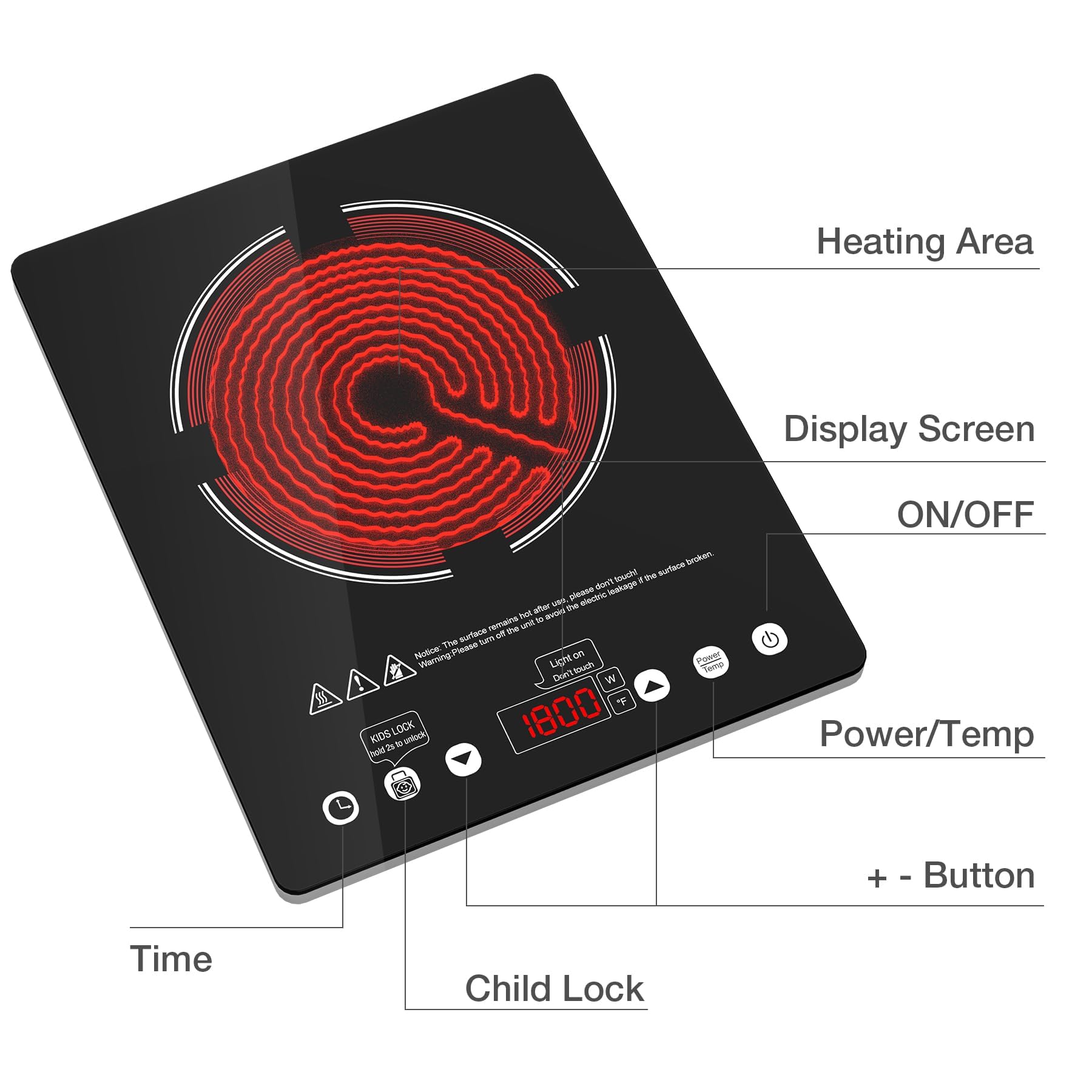 VBGK Single Burner Electric Cooktop, 1800W Portable Countertop Burner Ceramic Glass Hot Plate