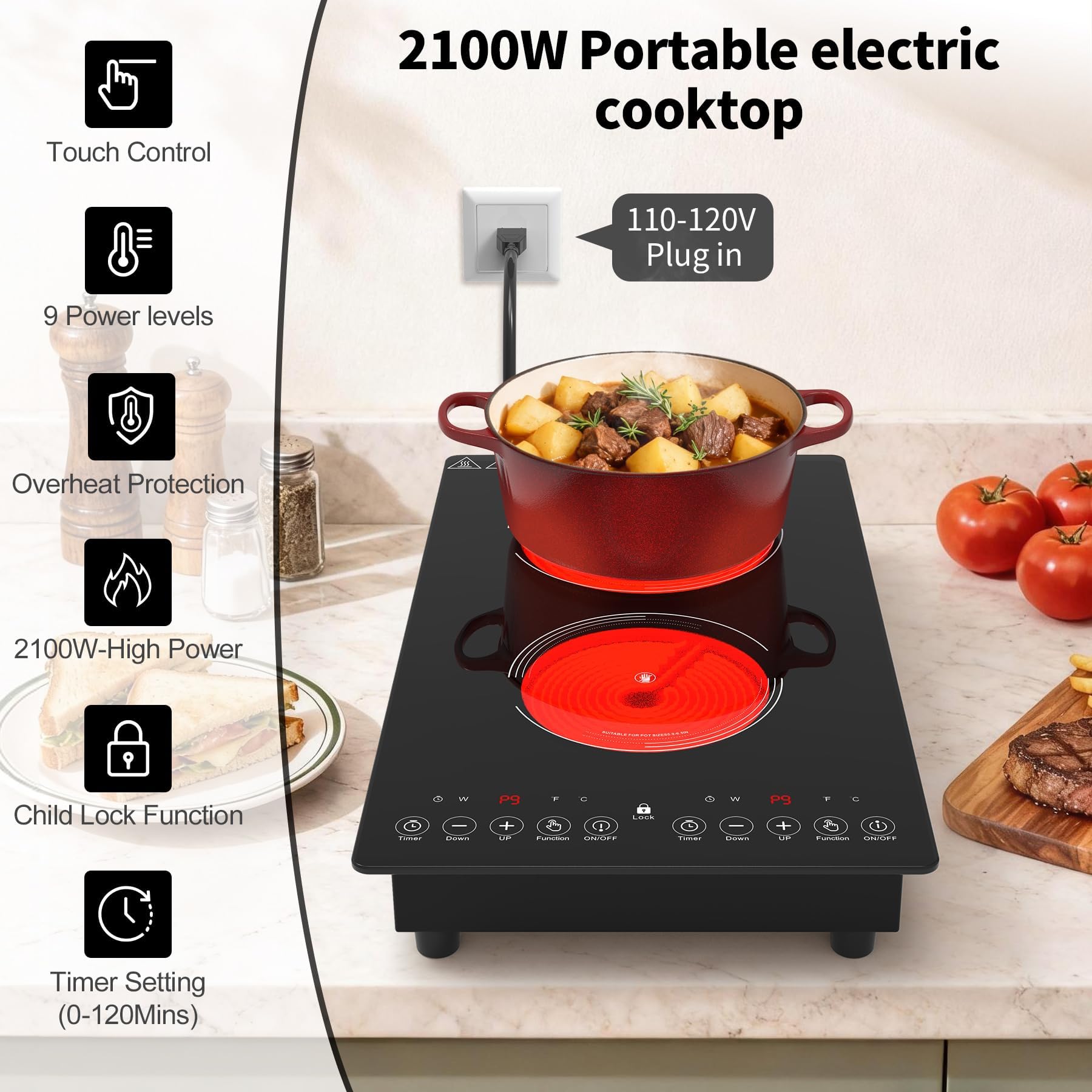 VBGK Electric Cooktop,110V 2100W Electric Stove Top,12 Inch 2 burner cooktop