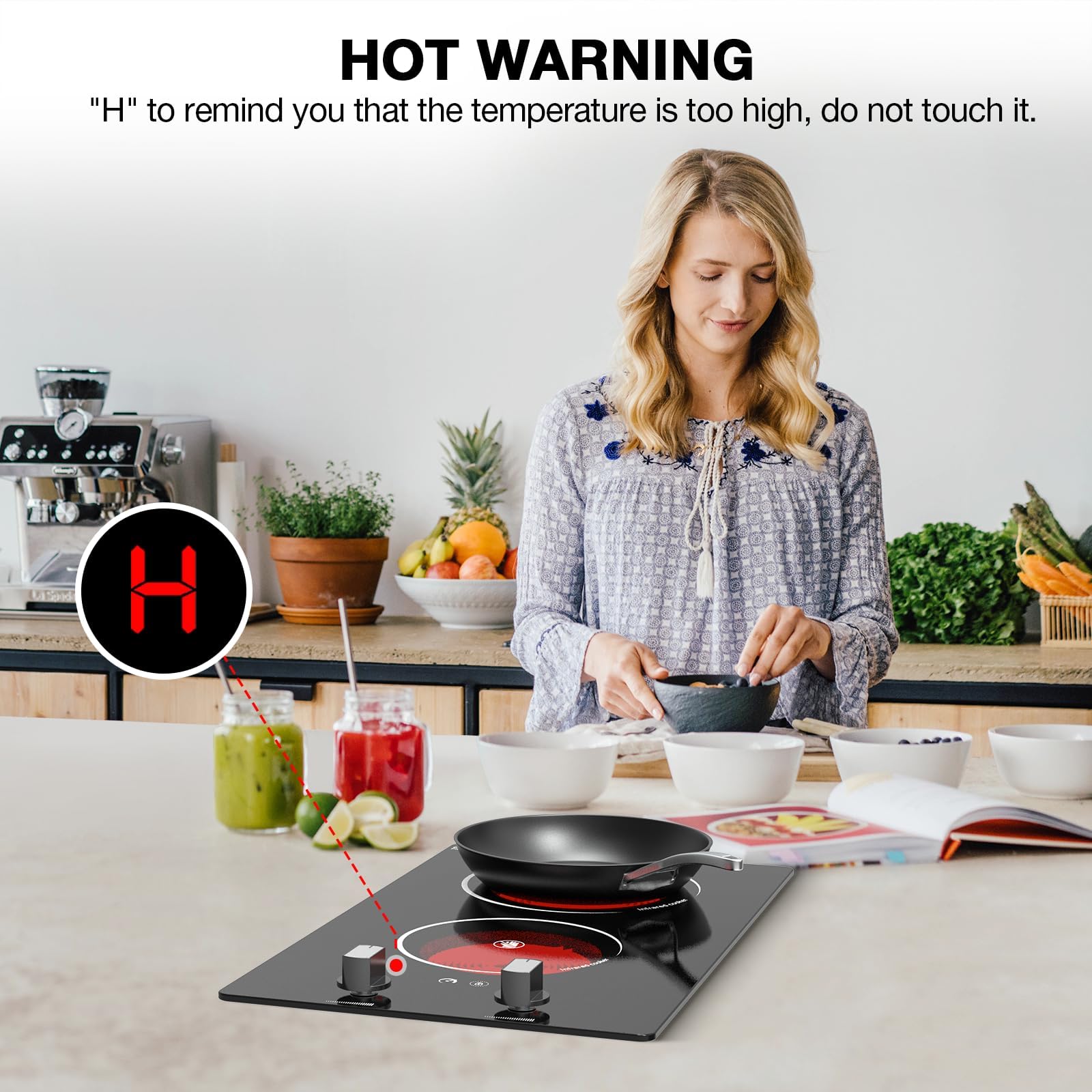 VBGK 2 Burner Electric Cooktop, 12" Infrared Electric Stove Top, 2100W Ceramic Electric Hot Plate