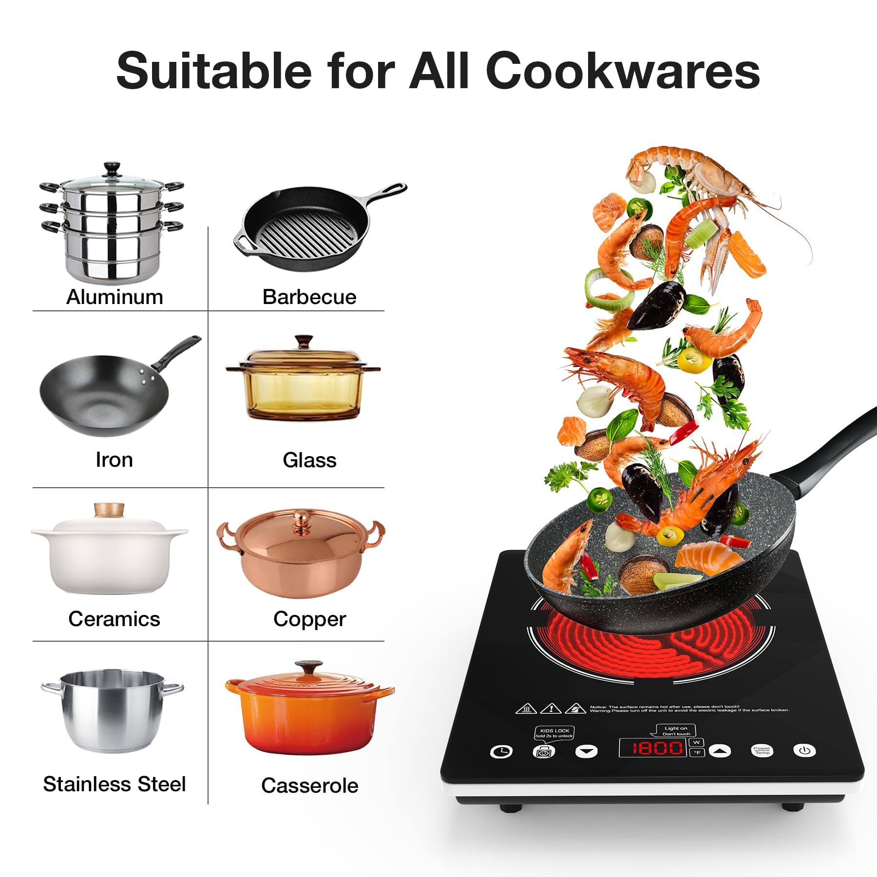 VBGK Single Burner Electric Cooktop, 1800W Portable Countertop Burner Ceramic Glass Hot Plate