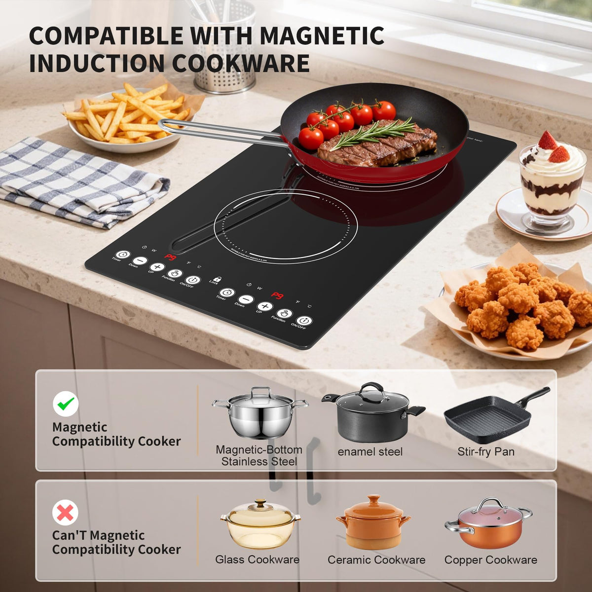 VBGK 12 Inch 2 Burner Induction Cooktop, 110V 2300W with LED Touch Control, 9 Power Levels & Child Lock for Home Kitchen