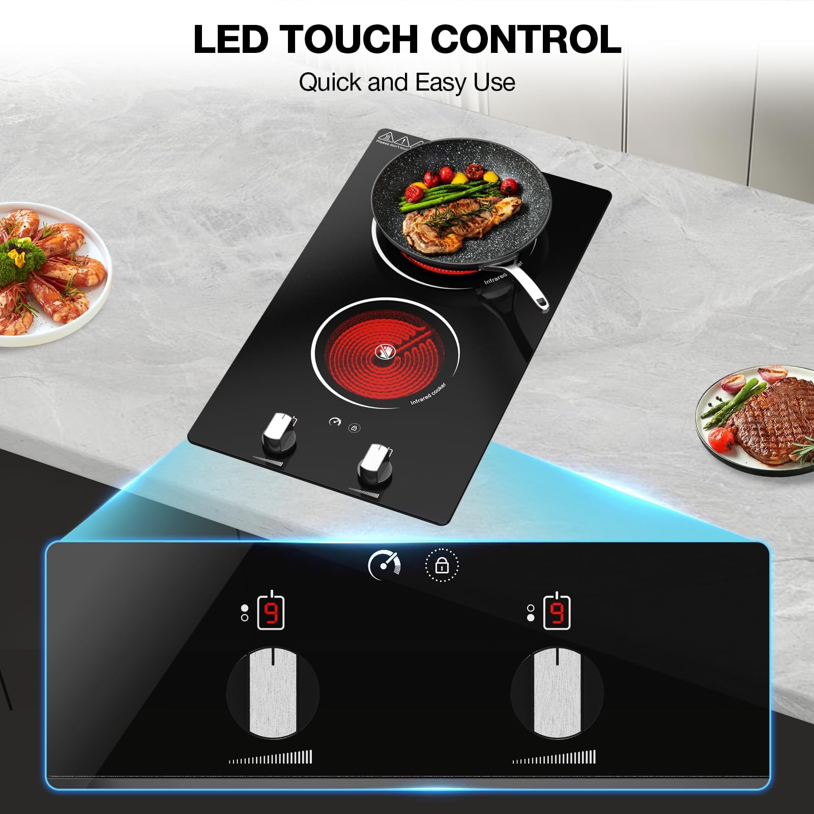VBGK 2 Burner Electric Cooktop, 12" Infrared Electric Stove Top, 2100W Ceramic Electric Hot Plate