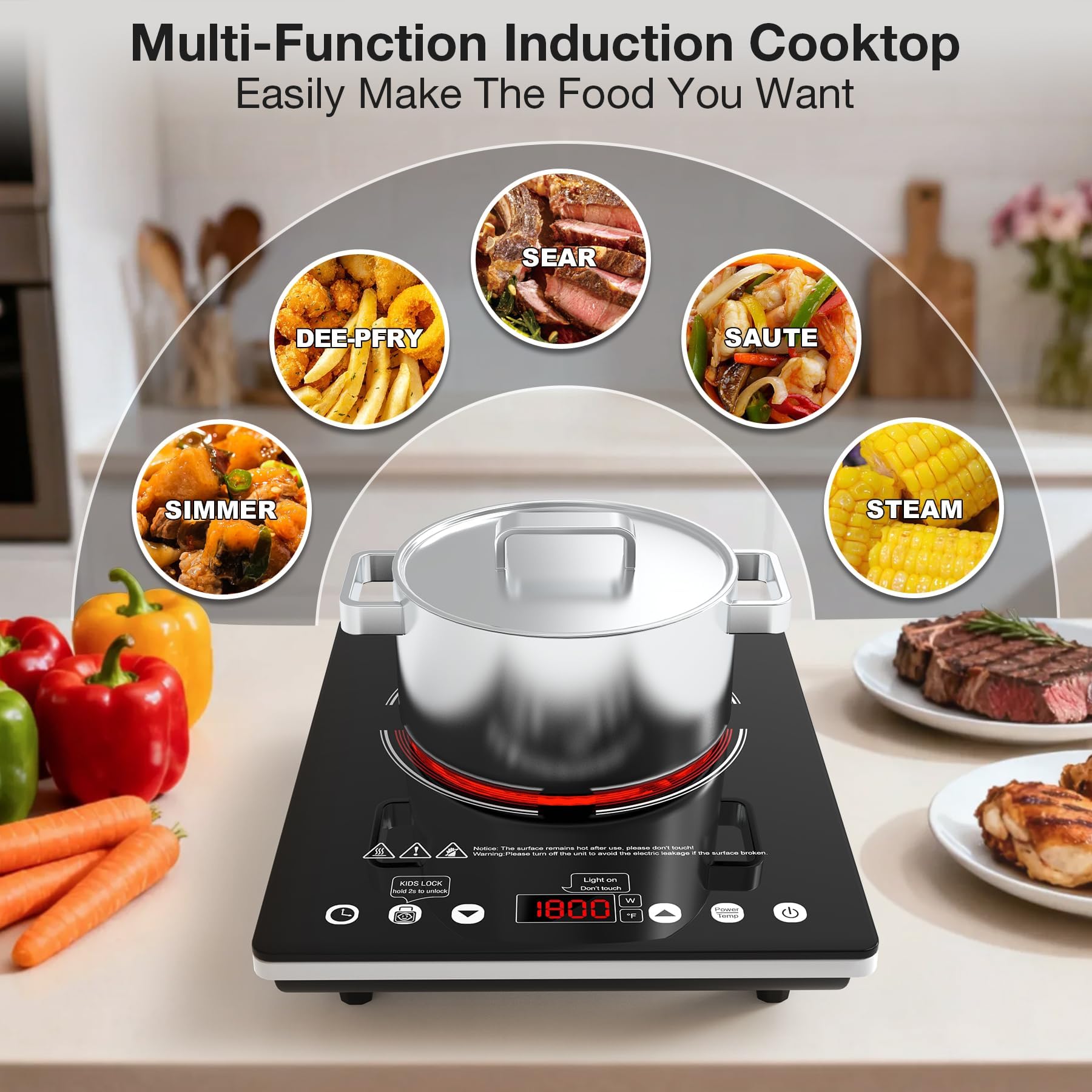 VBGK Single Burner Electric Cooktop, 1800W Portable Countertop Burner Ceramic Glass Hot Plate