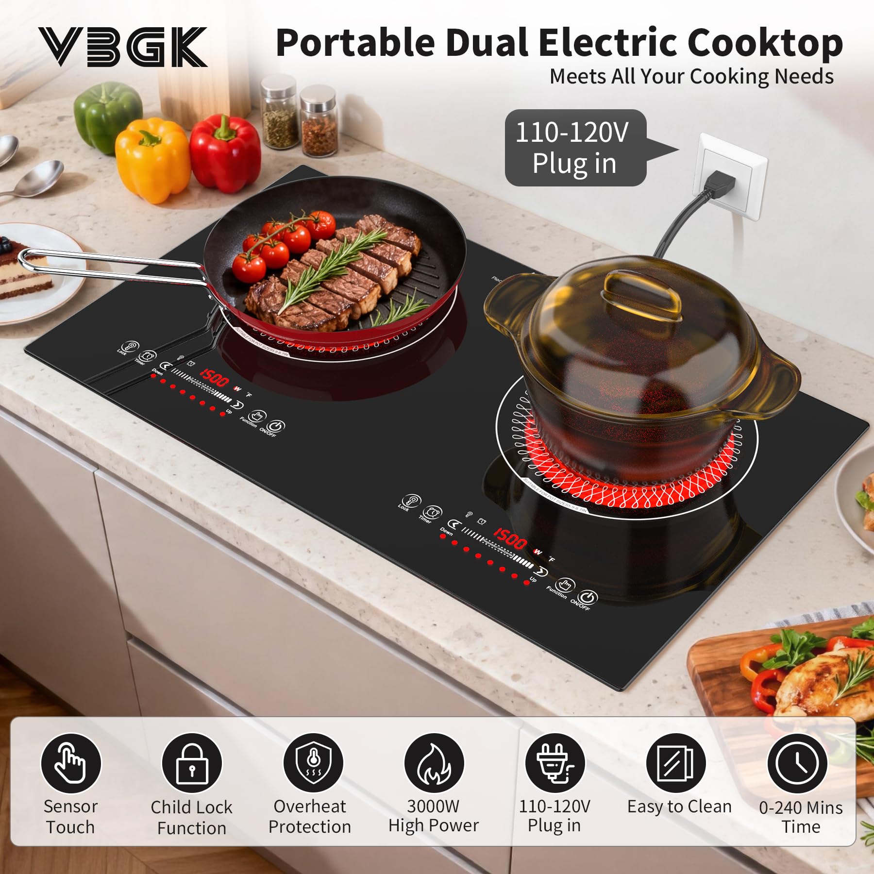 VBGK 24 Inch Electric Cooktop,110V 3000W Electric Stove Top  ,2 Burner Cooktop with LED Touch Control