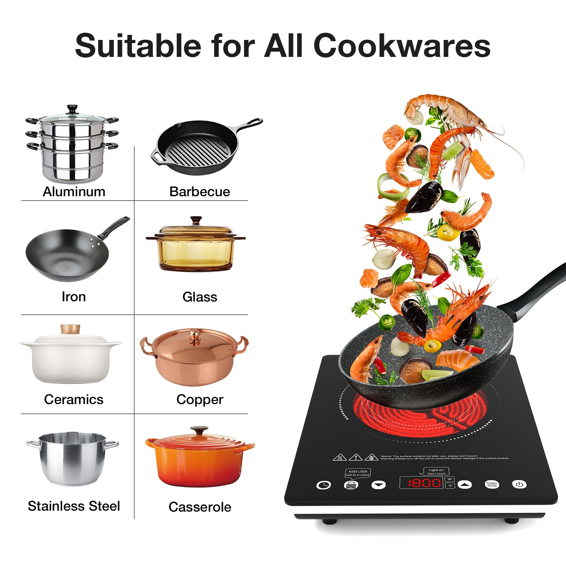 VBGK 1800W Portable Infrared Electric Cooktop, Single Burner Ceramic Hot Plate 110V Countertop Stove