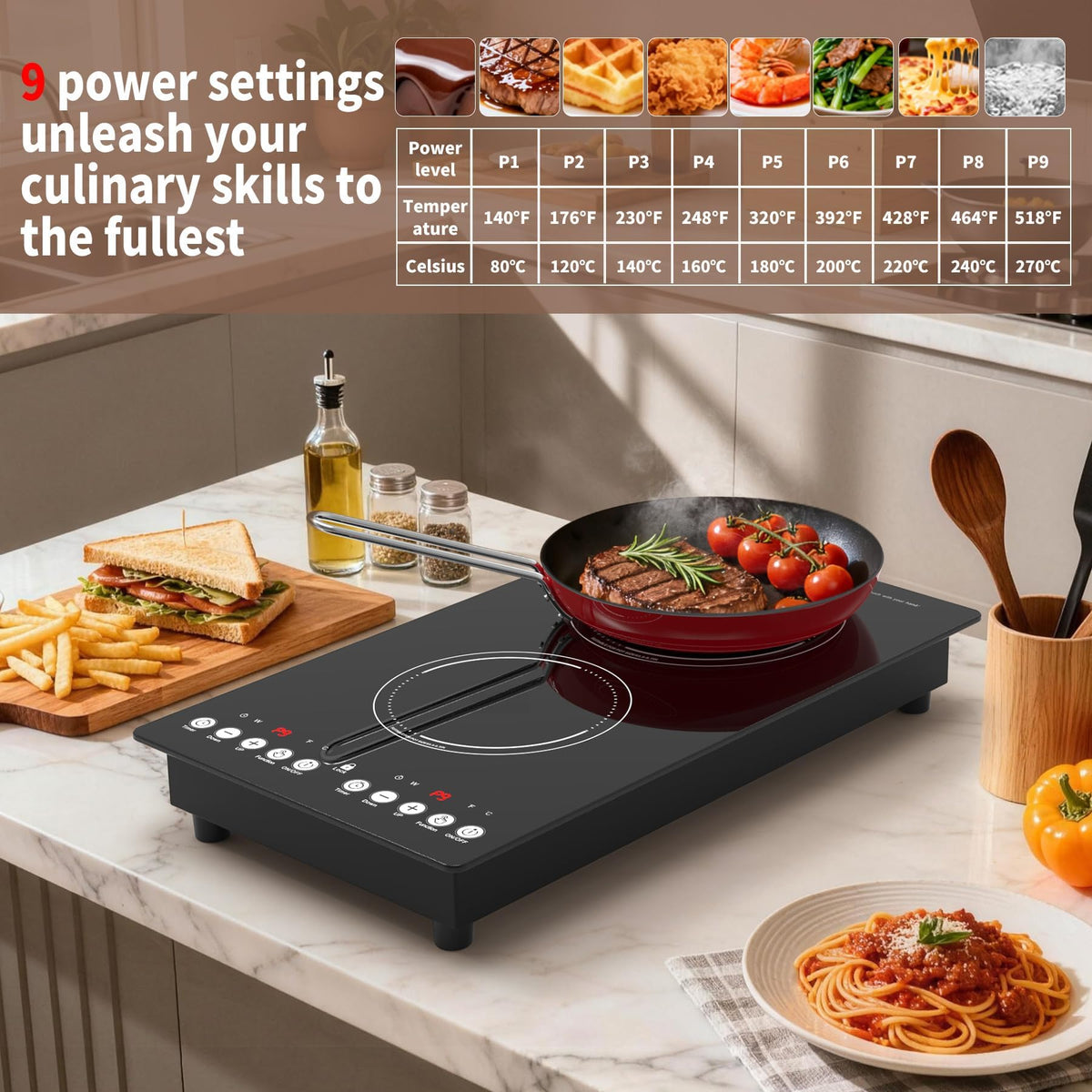 VBGK 12 Inch 2 Burner Induction Cooktop, 110V 2300W with LED Touch Control, 9 Power Levels & Child Lock for Home Kitchen