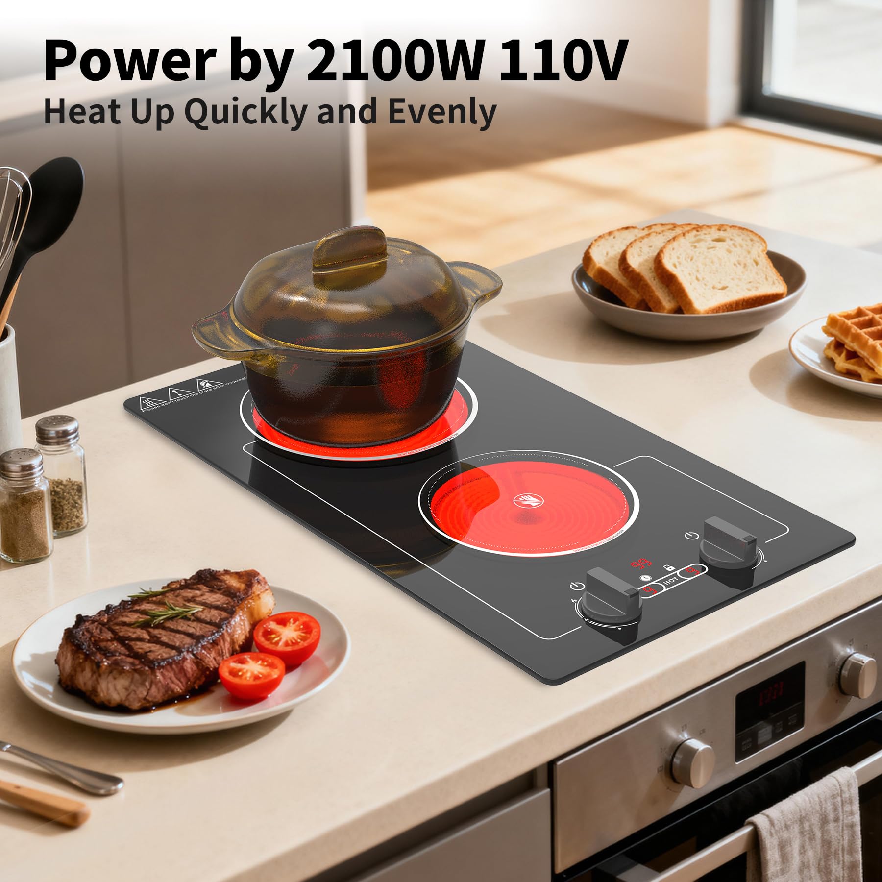 VBGK 2 Burner Electric Ceramic Cooktop, 3000W 110V Dual Burner Stove Top for Kitchen