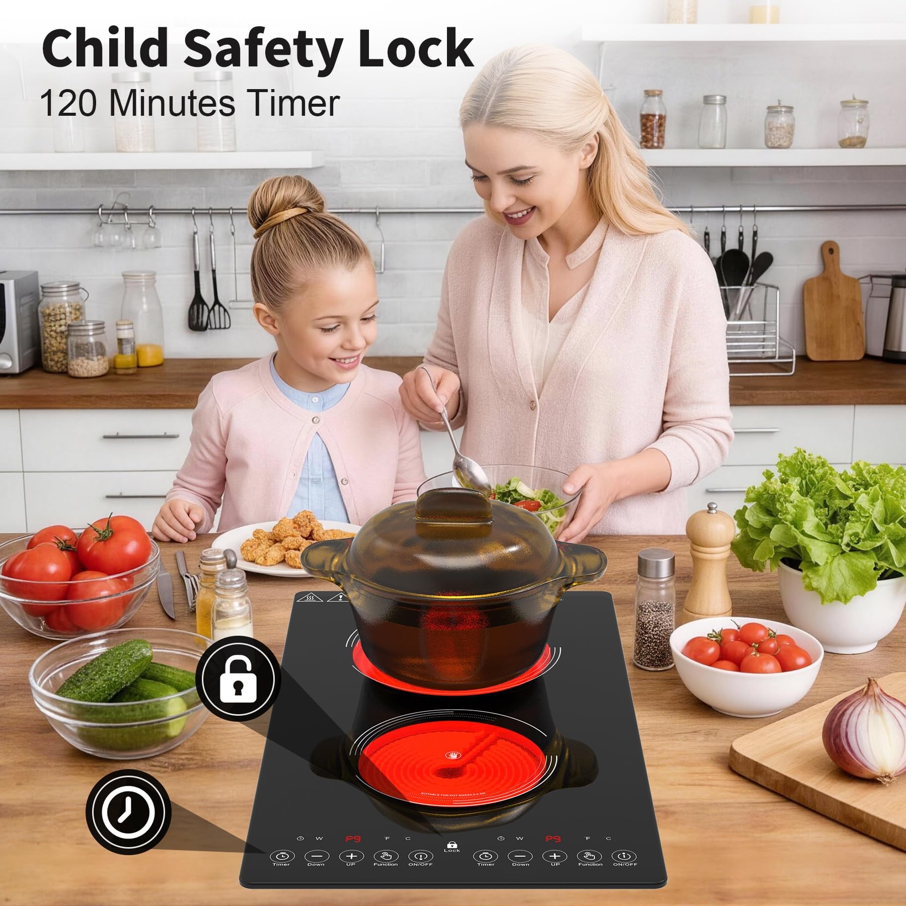 VBGK Electric Cooktop,110V 2100W Electric Stove Top,12 Inch 2 burner cooktop