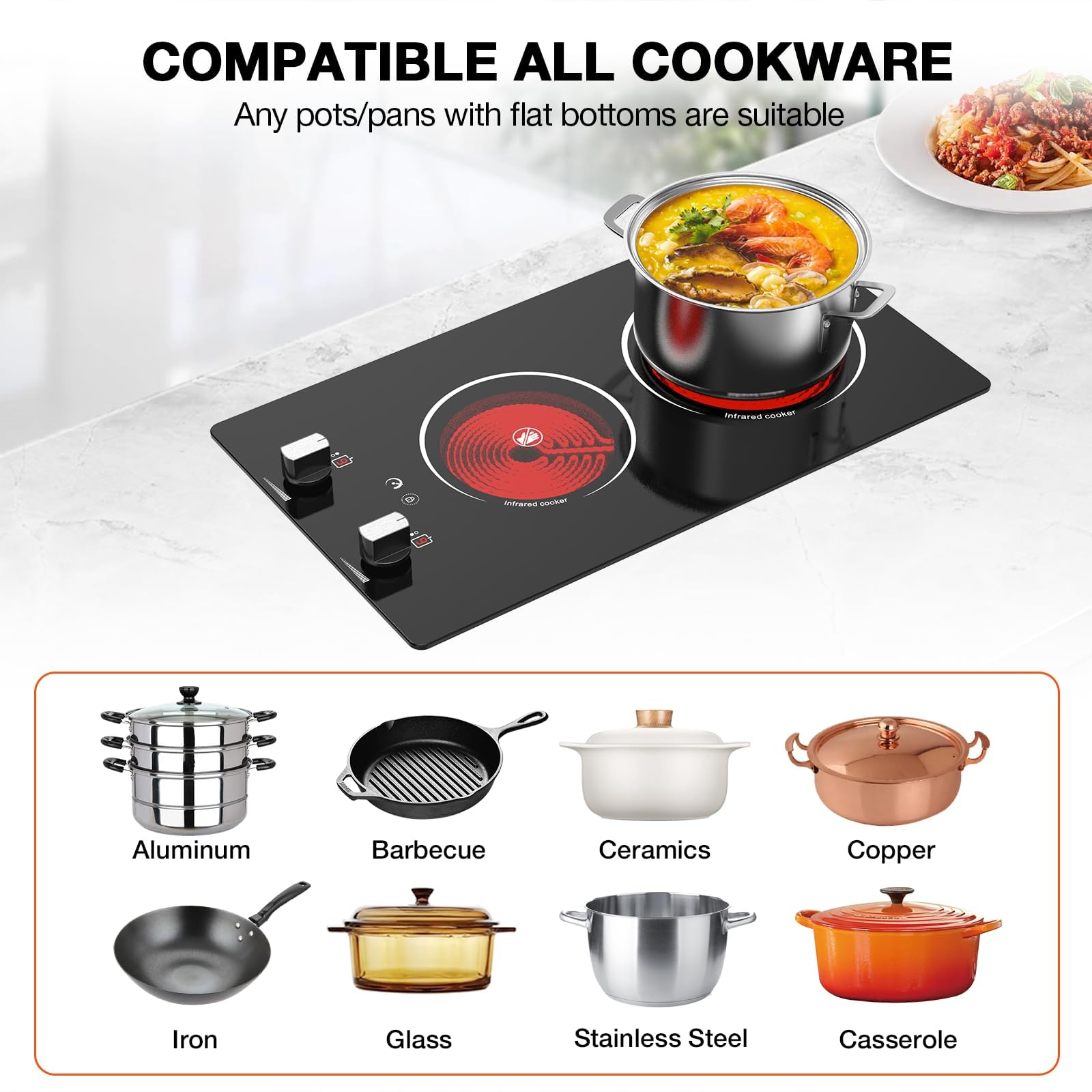 VBGK 2 Burner Electric Cooktop, 12" Infrared Electric Stove Top, 2100W Ceramic Electric Hot Plate