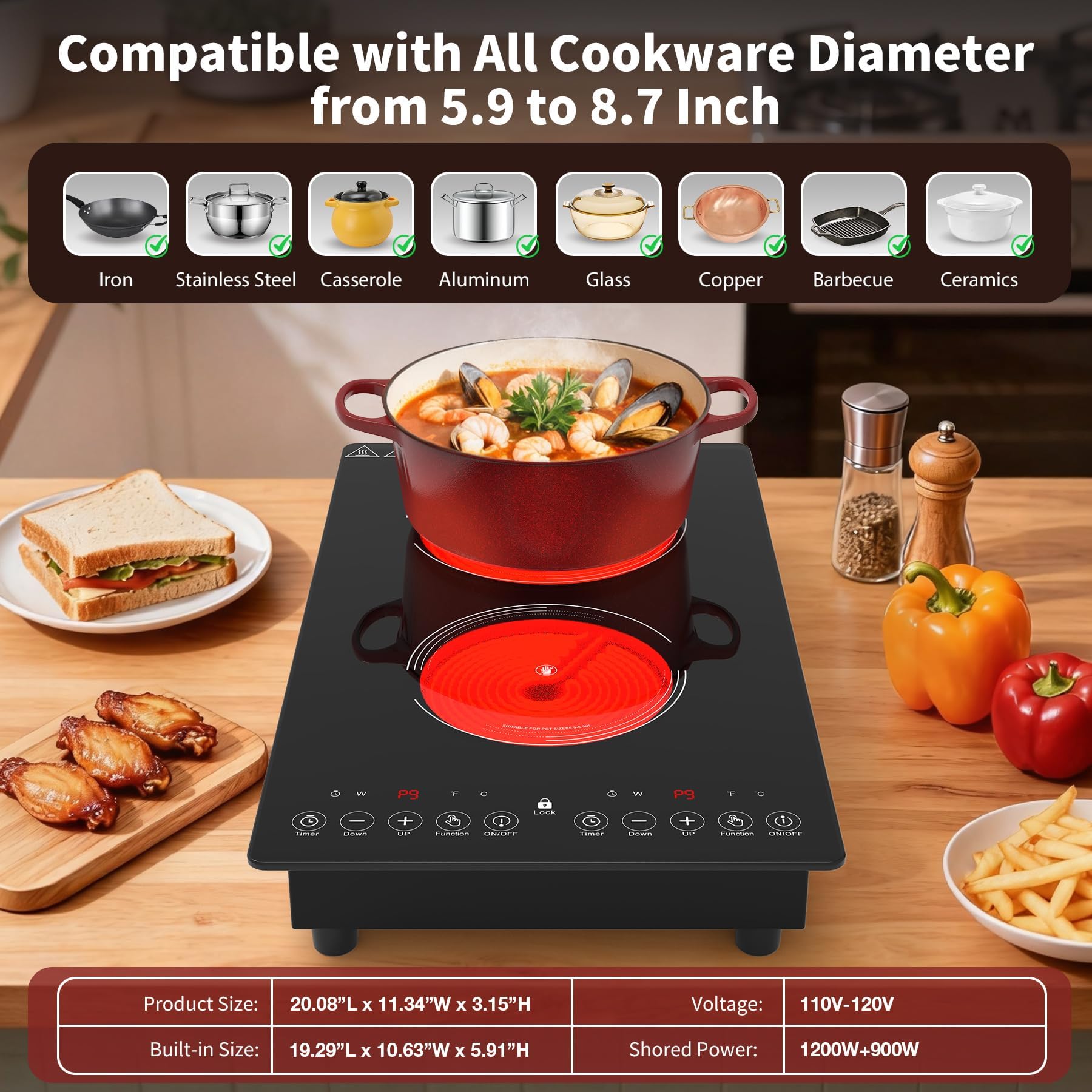 VBGK Electric Cooktop,110V 2100W Electric Stove Top,12 Inch 2 burner cooktop