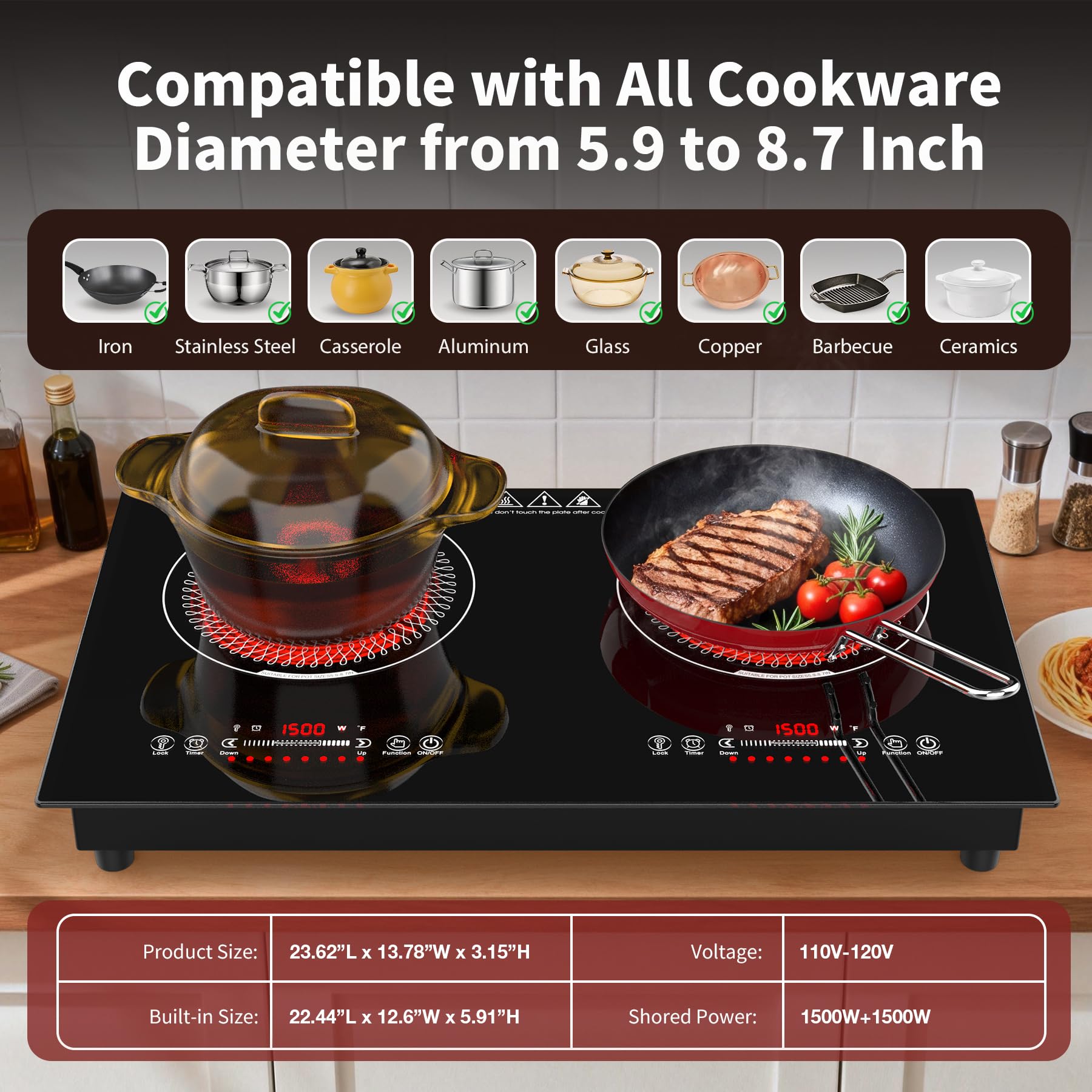 VBGK 24 Inch Electric Cooktop,110V 3000W Electric Stove Top  ,2 Burner Cooktop with LED Touch Control