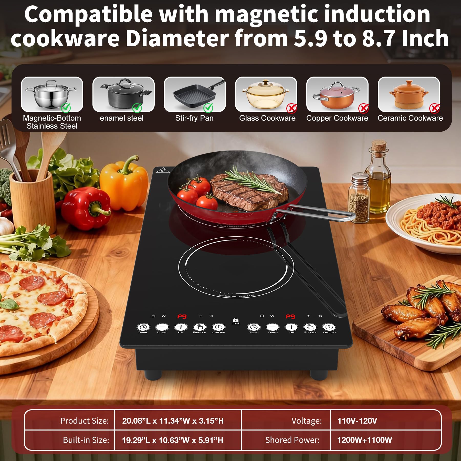 VBGK induction cooktop,110V 2300W countertop hot plate,12 Inch doubledouble burner hot plate