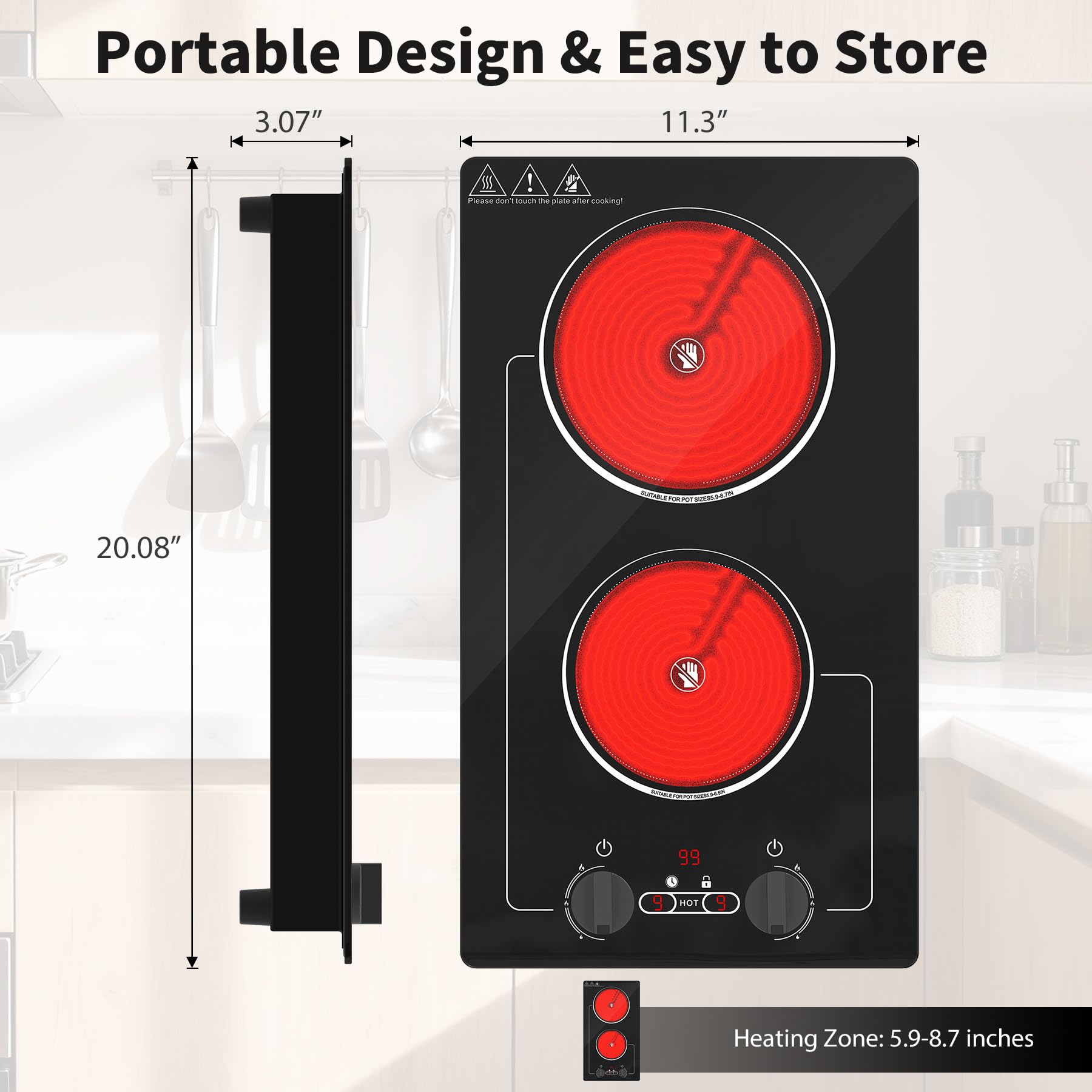 VBGK 2 Burner Electric Ceramic Cooktop, 3000W 110V Dual Burner Stove Top for Kitchen