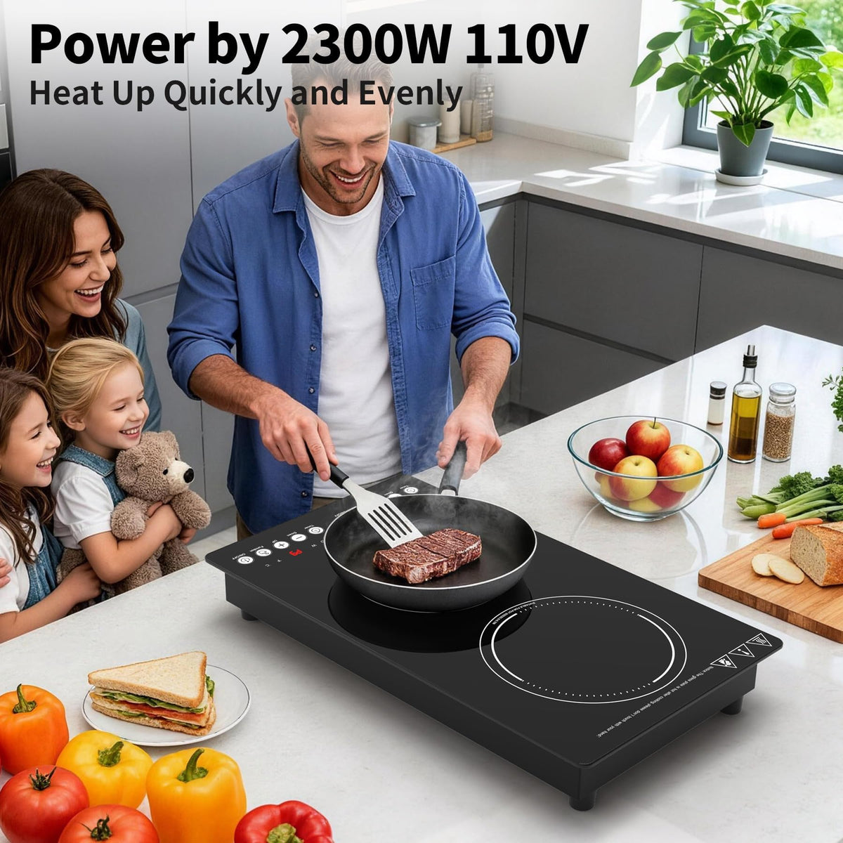 VBGK 12 Inch 2 Burner Induction Cooktop, 110V 2300W with LED Touch Control, 9 Power Levels & Child Lock for Home Kitchen