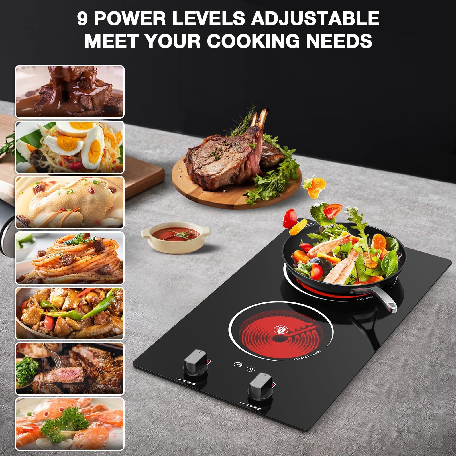 VBGK 2 Burner Electric Cooktop, 12" Infrared Electric Stove Top, 2100W Ceramic Electric Hot Plate