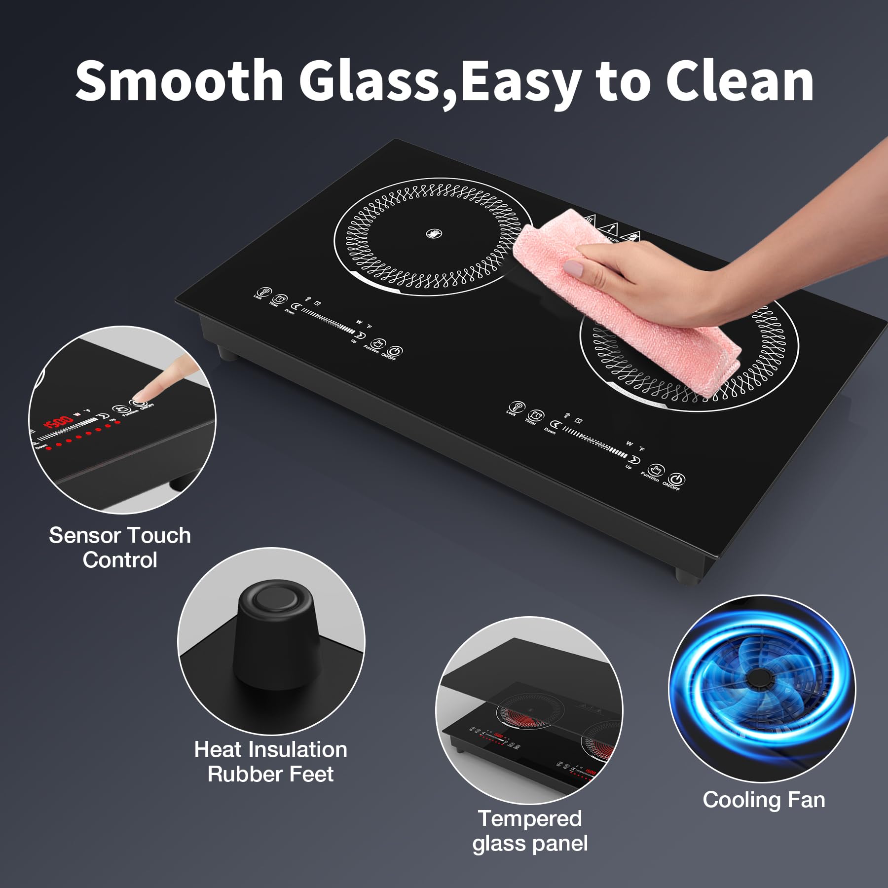 VBGK 24 Inch Electric Cooktop,110V 3000W Electric Stove Top  ,2 Burner Cooktop with LED Touch Control