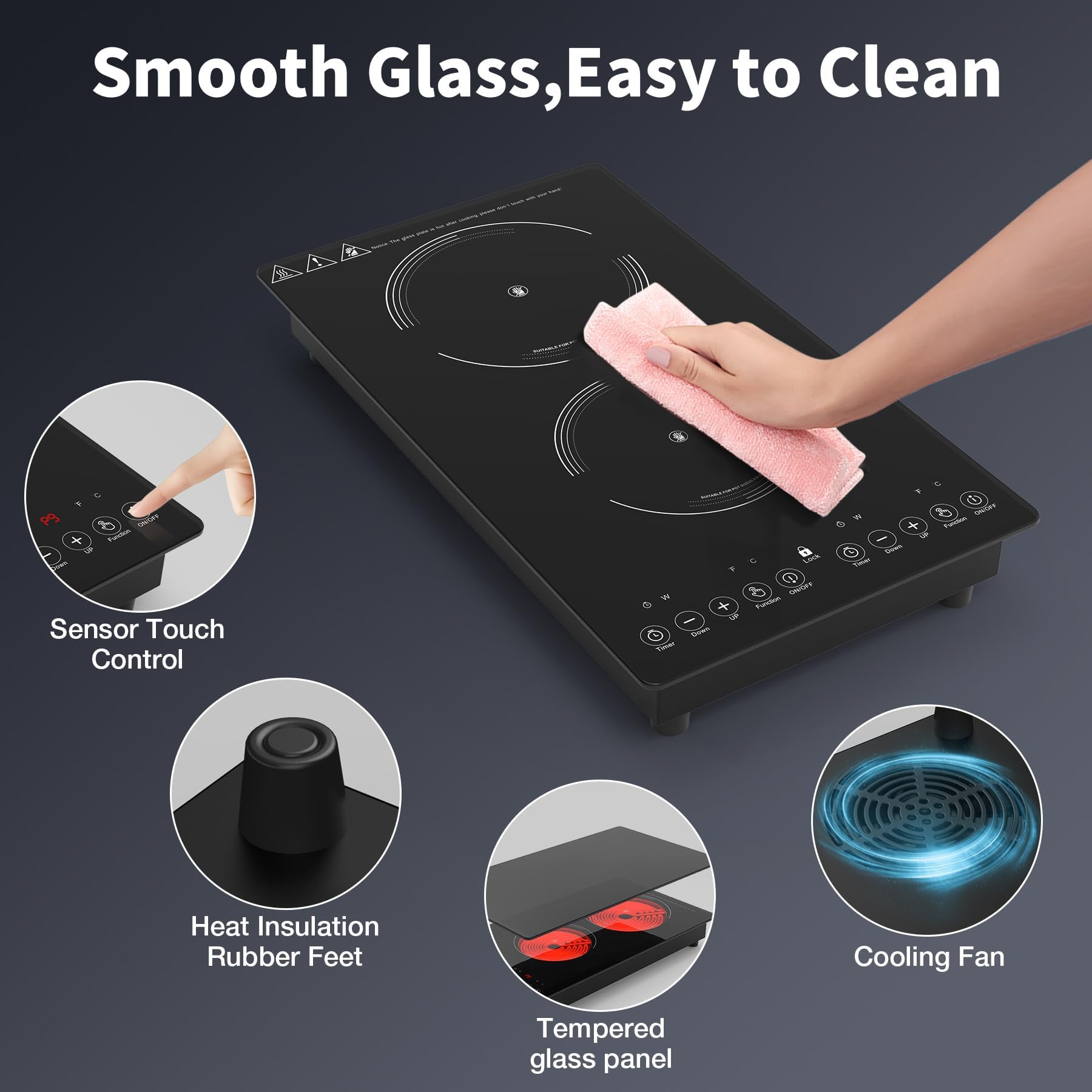 VBGK Electric Cooktop,110V 2100W Electric Stove Top,12 Inch 2 burner cooktop