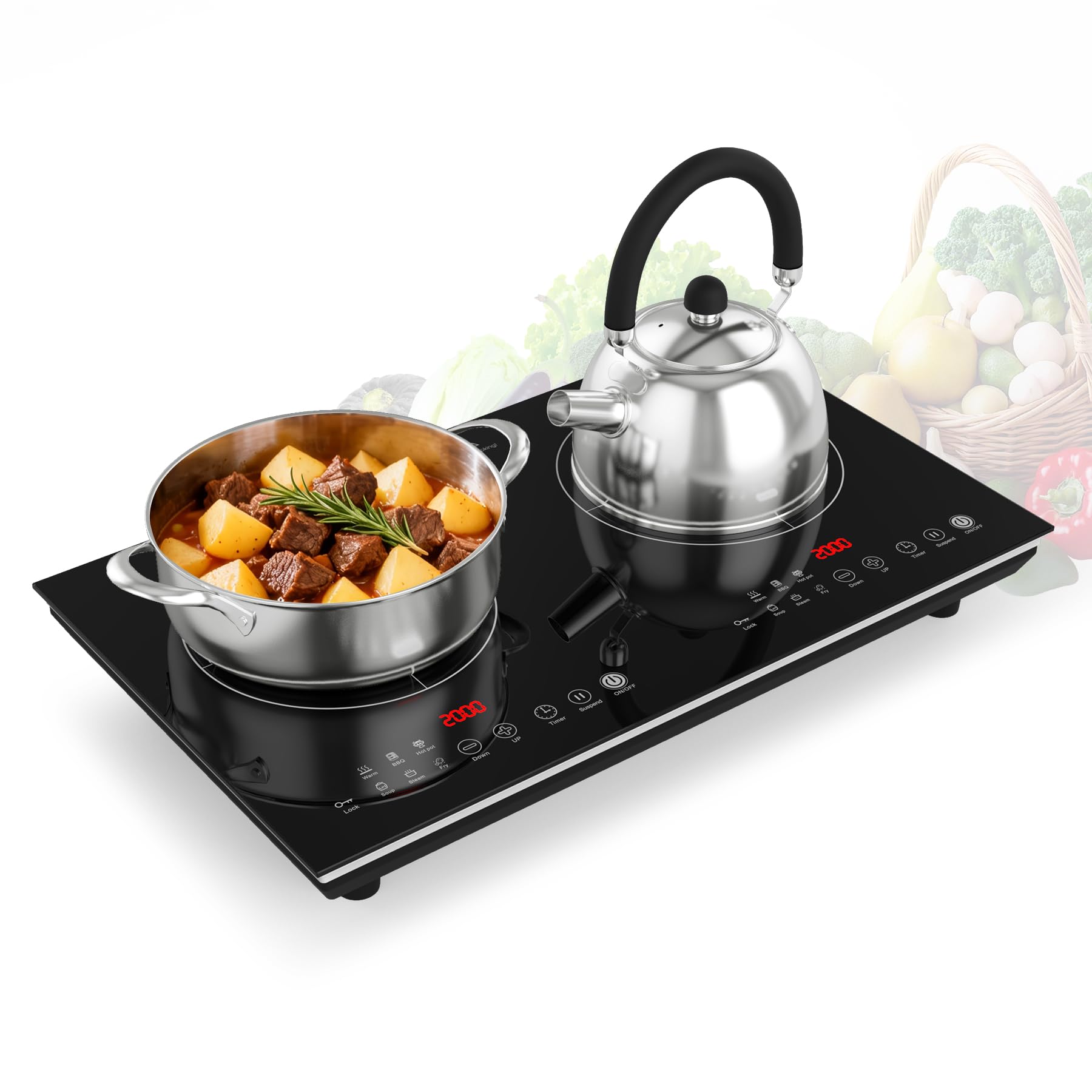 VBGK 2 Burner Induction Cooktop 110V 4000W Double Electric Stove with Dual Heating Zones for Home Kitchen